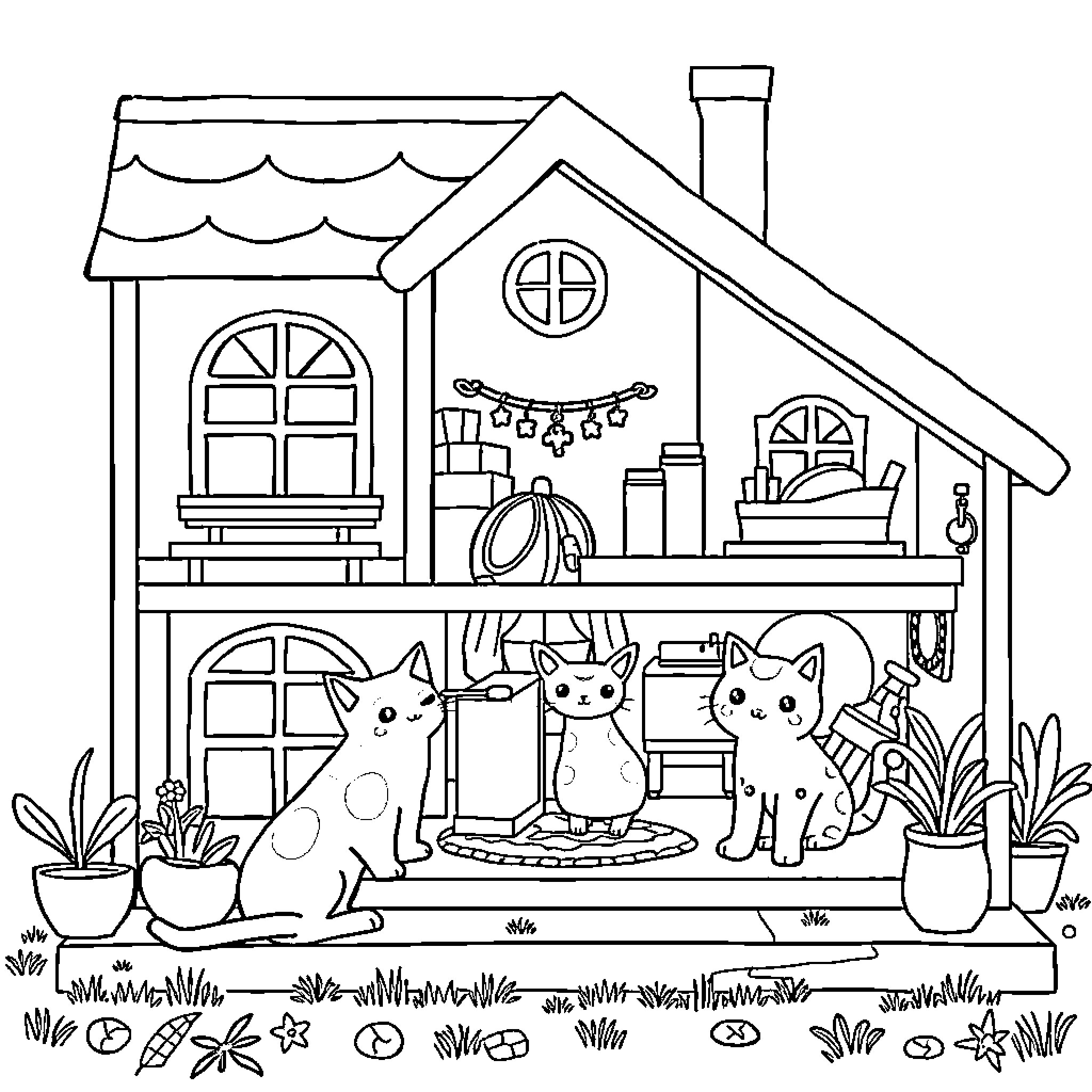 Gabby's Dollhouse with Playful Kittens Coloring Page (free black-and-white line drawing printable PDF for all, from beginners to advanced learners, including children, teens, adults, and seniors)