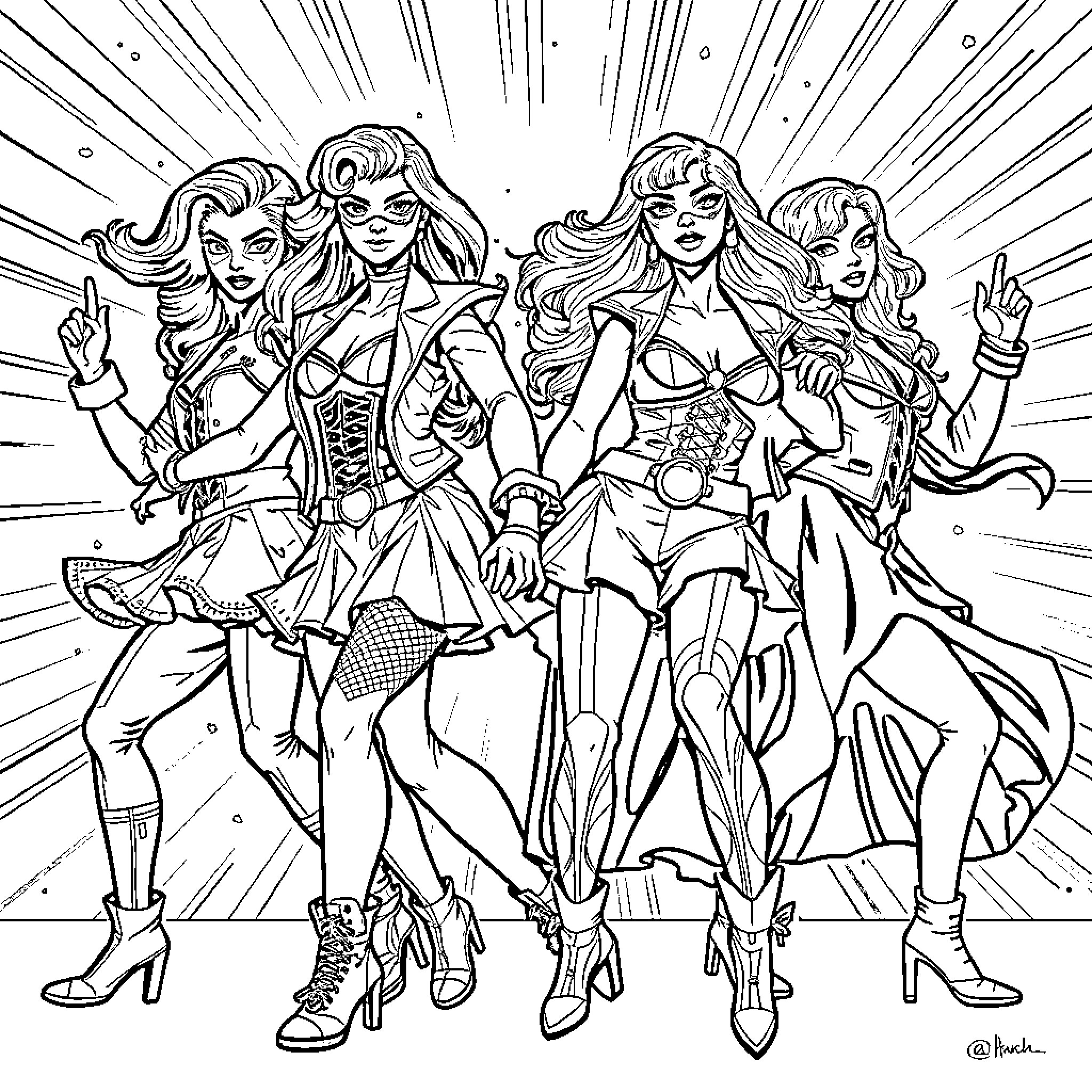 Pop Warriors Striking Heroic Poses in Flashy Outfits Coloring Page (free black-and-white line drawing printable PDF for all, from beginners to advanced learners, including children, teens, adults, and seniors)
