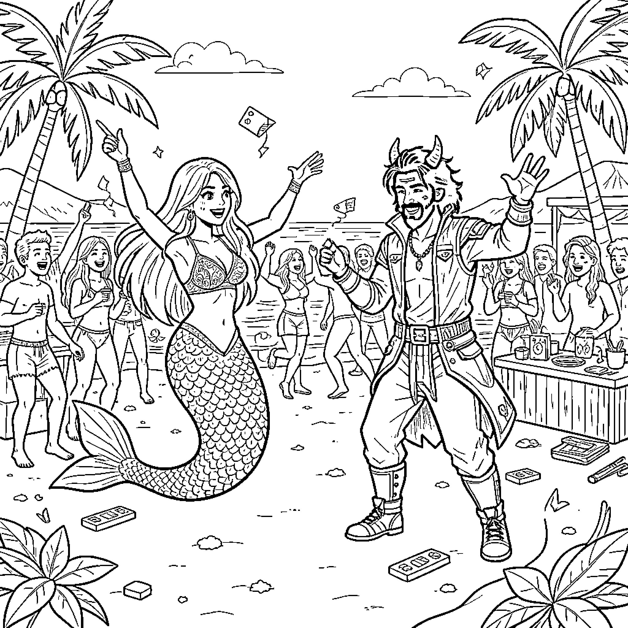 Mermaid dancing joyfully at a tropical beach party Coloring Page (free black-and-white line drawing printable PDF for all, from beginners to advanced learners, including children, teens, adults, and seniors)