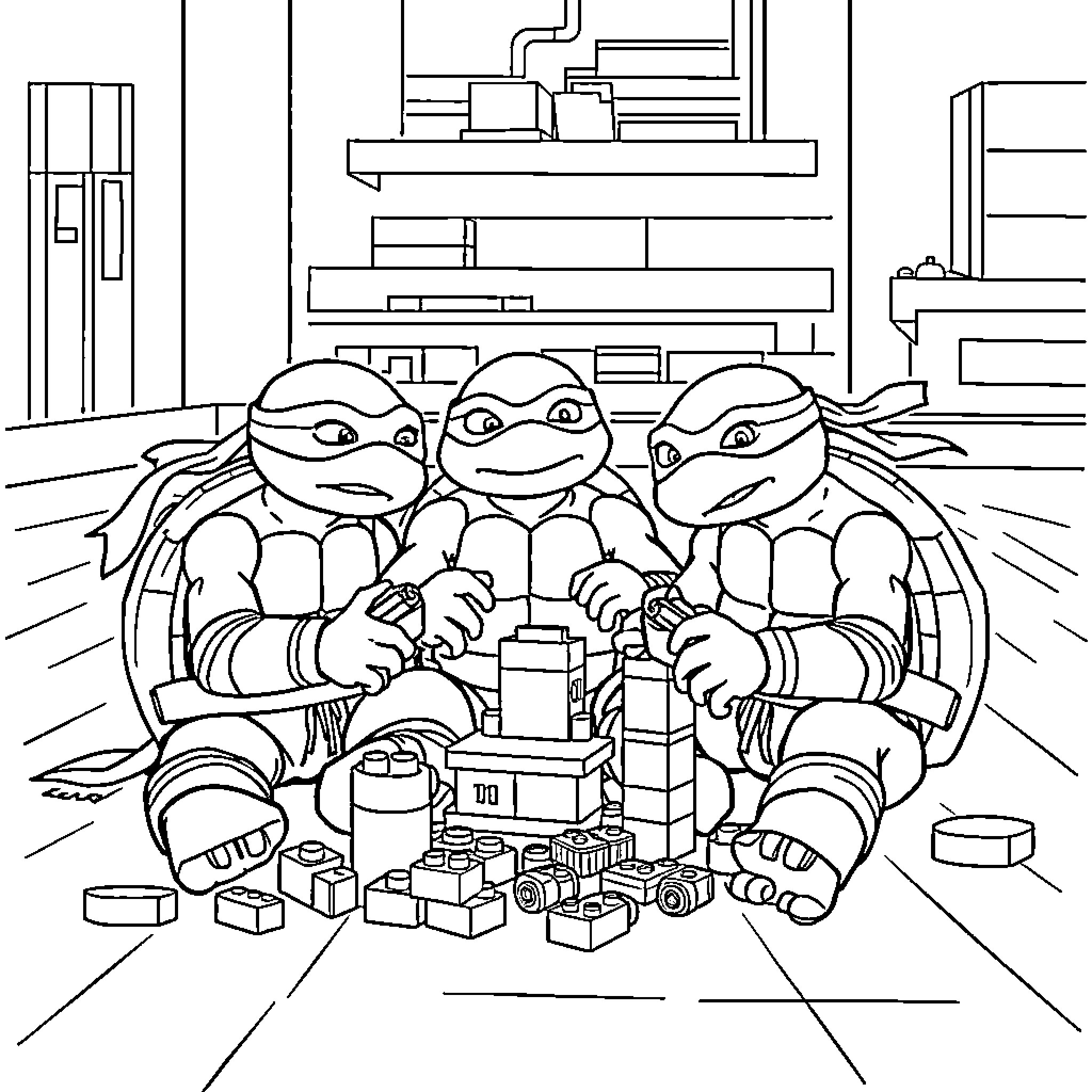 Ninja Turtle Brothers Playing with Building Blocks Coloring Page (free black-and-white line drawing printable PDF for all, from beginners to advanced learners, including children, teens, adults, and seniors)