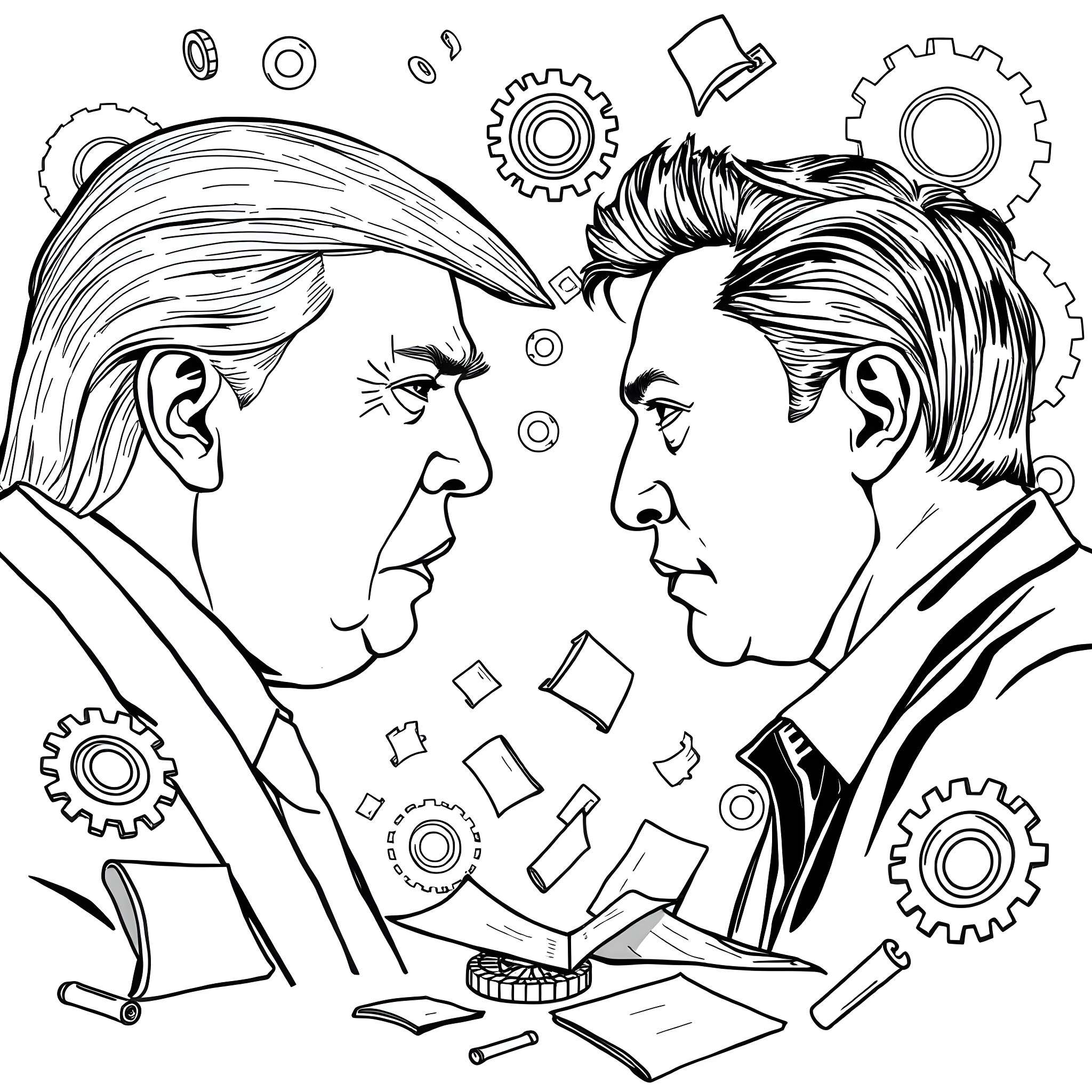 Donald Trump Confronts a Political Rival Coloring Page (free black-and-white line drawing printable PDF for all, from beginners to advanced learners, including children, teens, adults, and seniors)