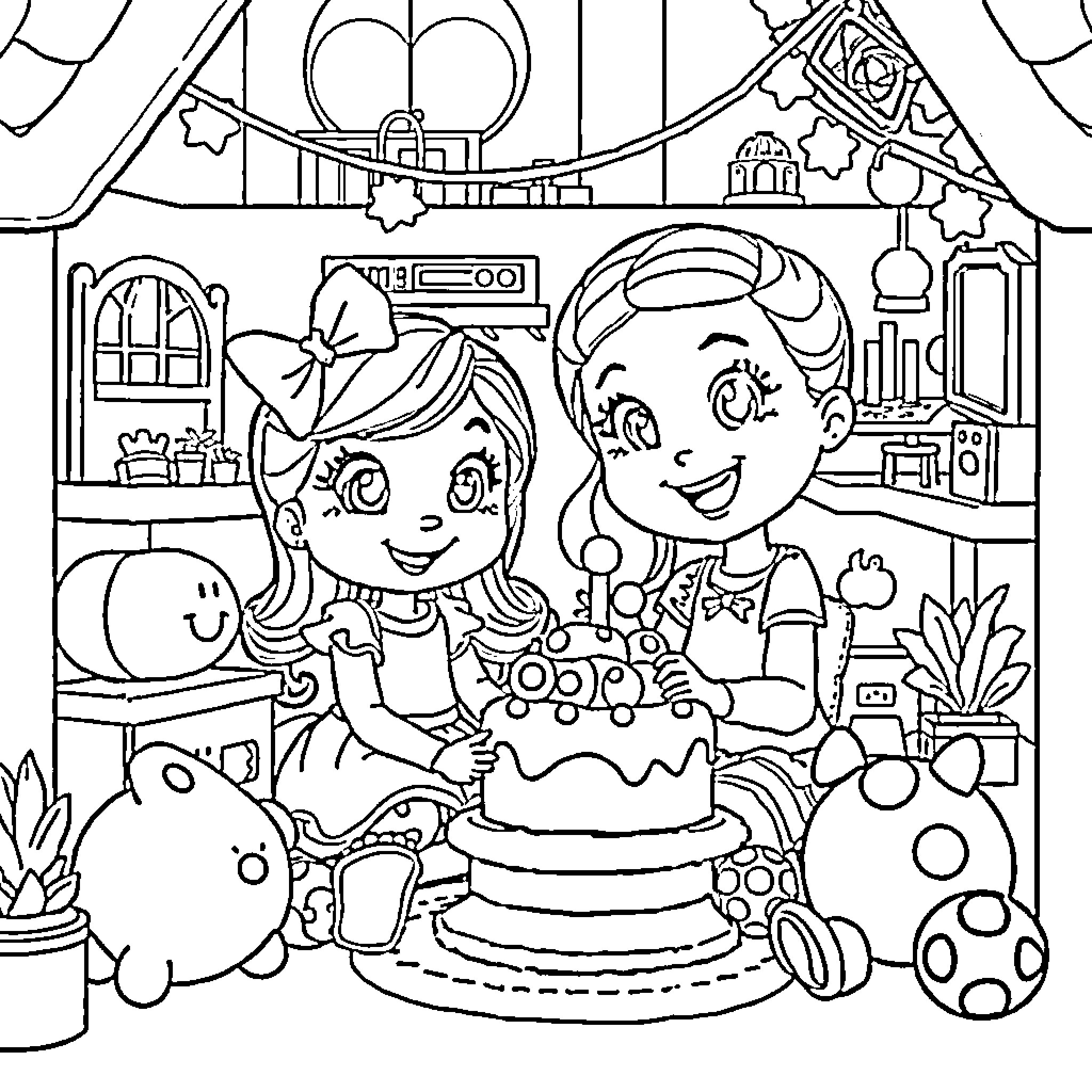 Gabby Dollhouse: Friends Celebrate Birthday with Cake and Decorations Coloring Page (free black-and-white line drawing printable PDF for all, from beginners to advanced learners, including children, teens, adults, and seniors)