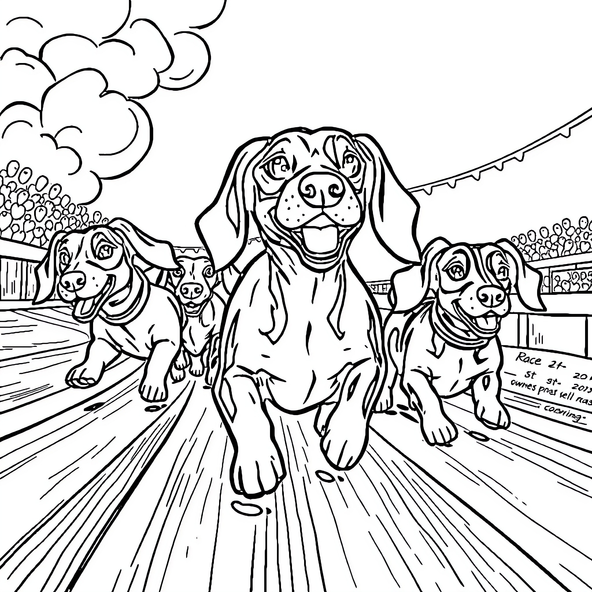 Weiner Dogs playing together in the park Coloring Page (free black-and-white line drawing printable PDF for all, from beginners to advanced learners, including children, teens, adults, and seniors)