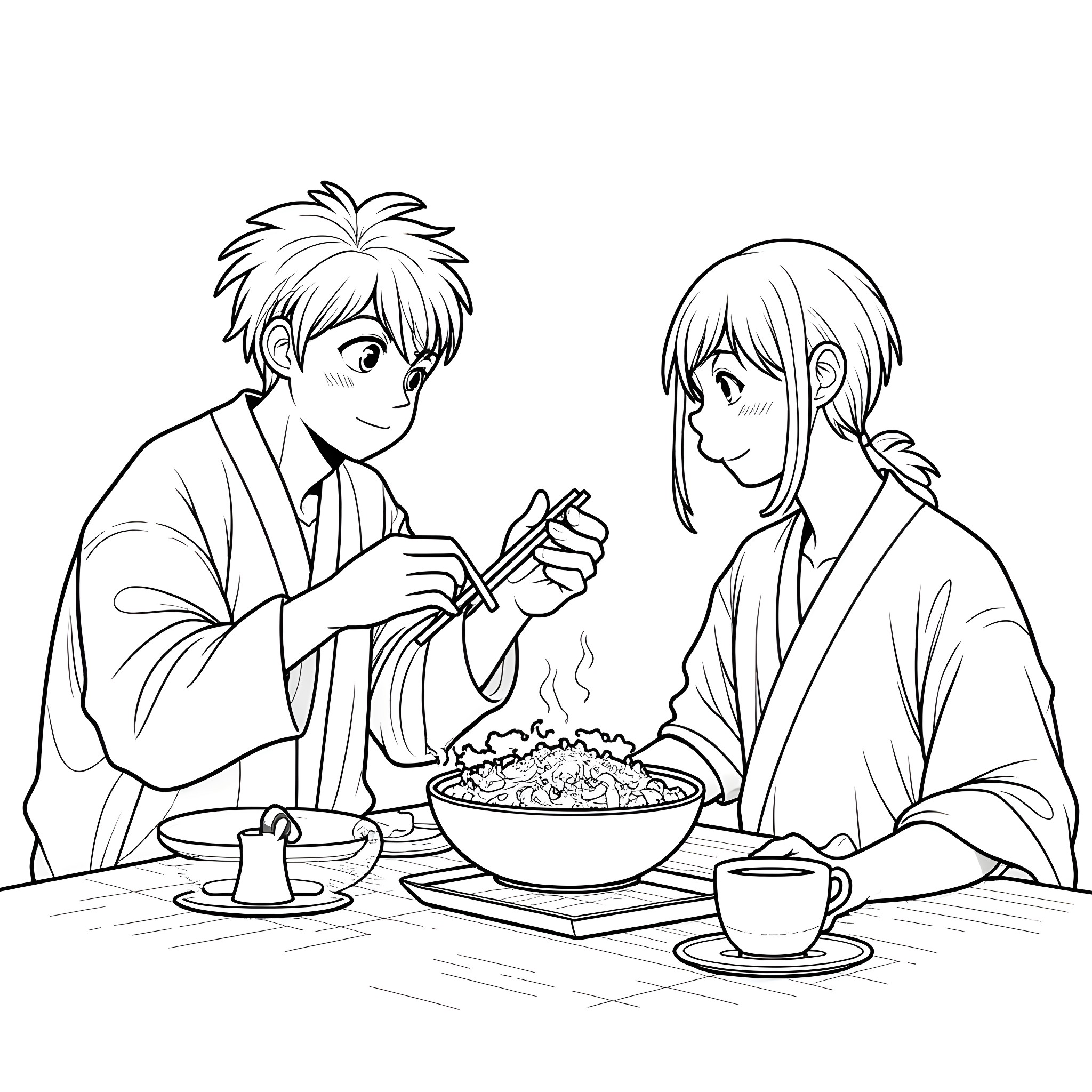 Jujutsu Kaisen: Sharing a Meal Coloring Page (free black-and-white line drawing printable PDF for all, from beginners to advanced learners, including children, teens, adults, and seniors)