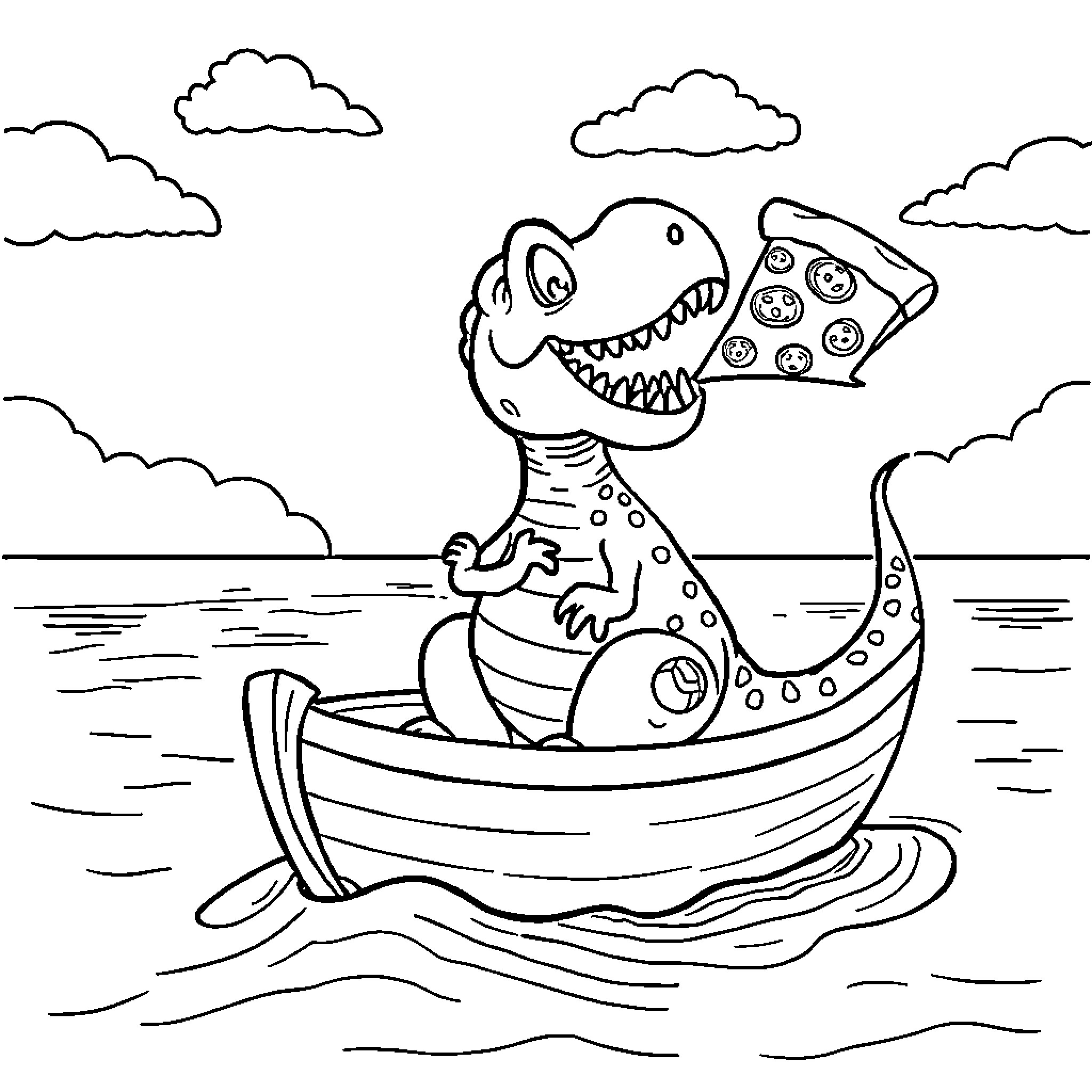 Dinosaur sailing boat with pizza Coloring Page (free black-and-white line drawing printable PDF for all, from beginners to advanced learners, including children, teens, adults, and seniors)