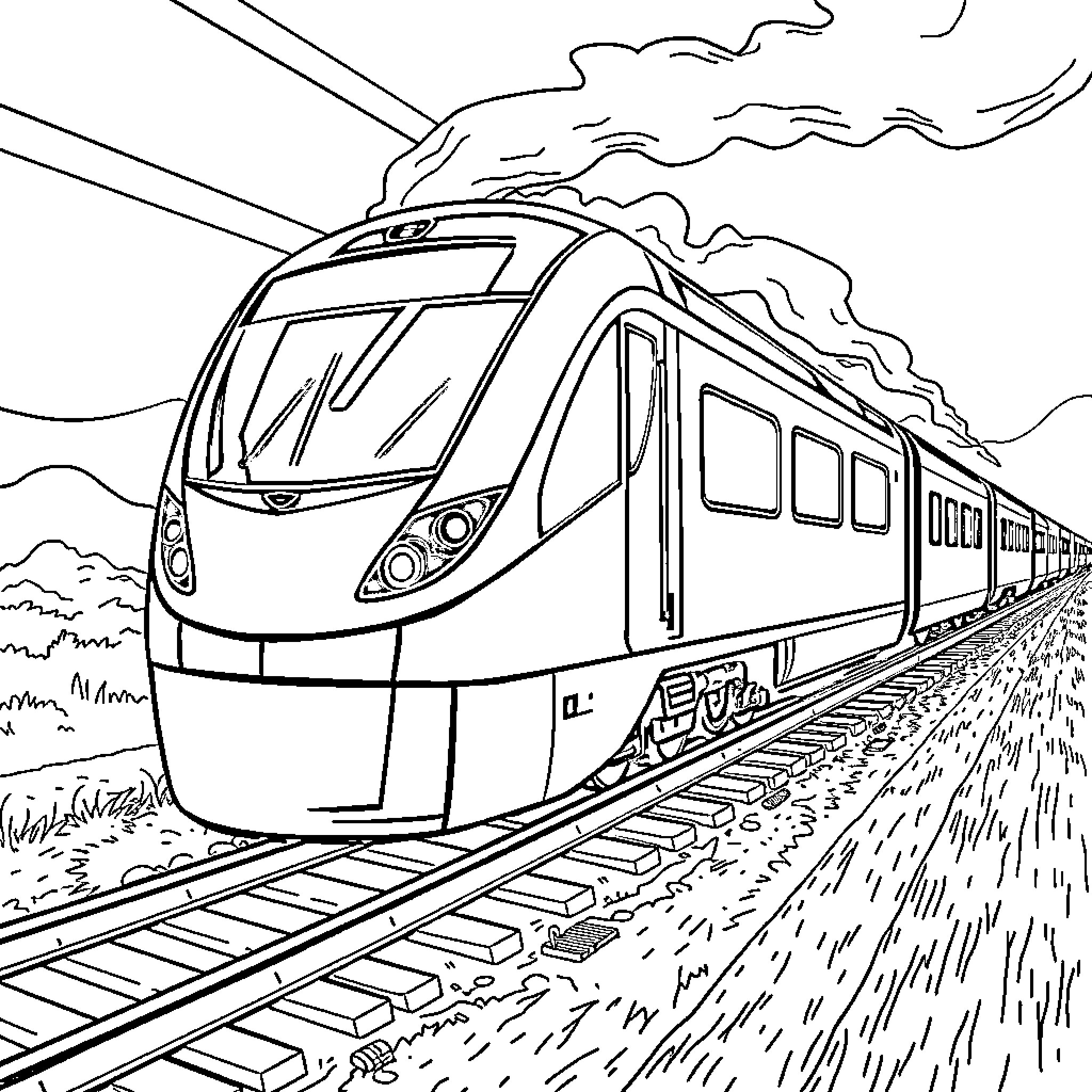 Train traveling through scenic landscape Coloring Page (free black-and-white line drawing printable PDF for all, from beginners to advanced learners, including children, teens, adults, and seniors)