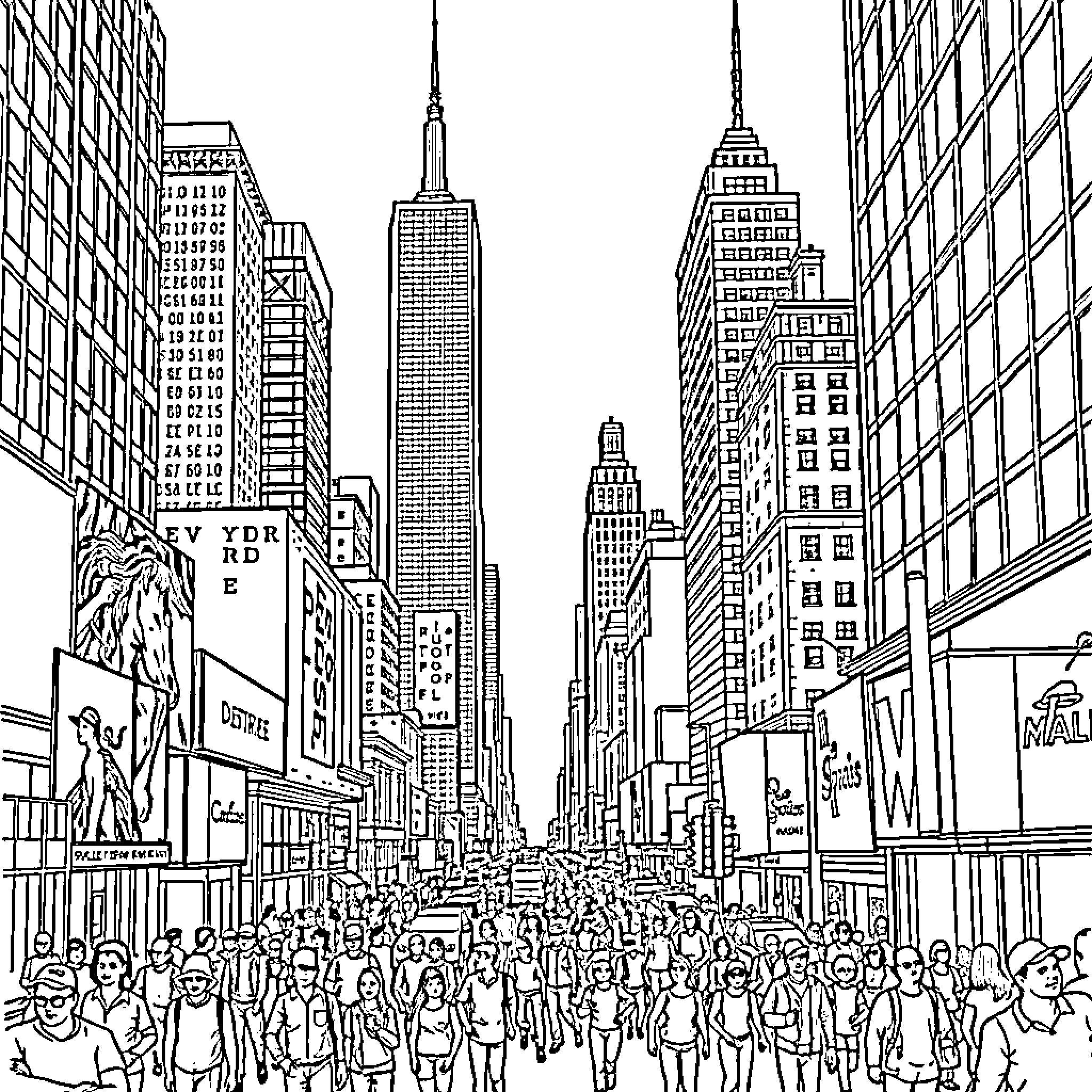 New York City bustling with people and towering skyscrapers Coloring Page (free black-and-white line drawing printable PDF for all, from beginners to advanced learners, including children, teens, adults, and seniors)