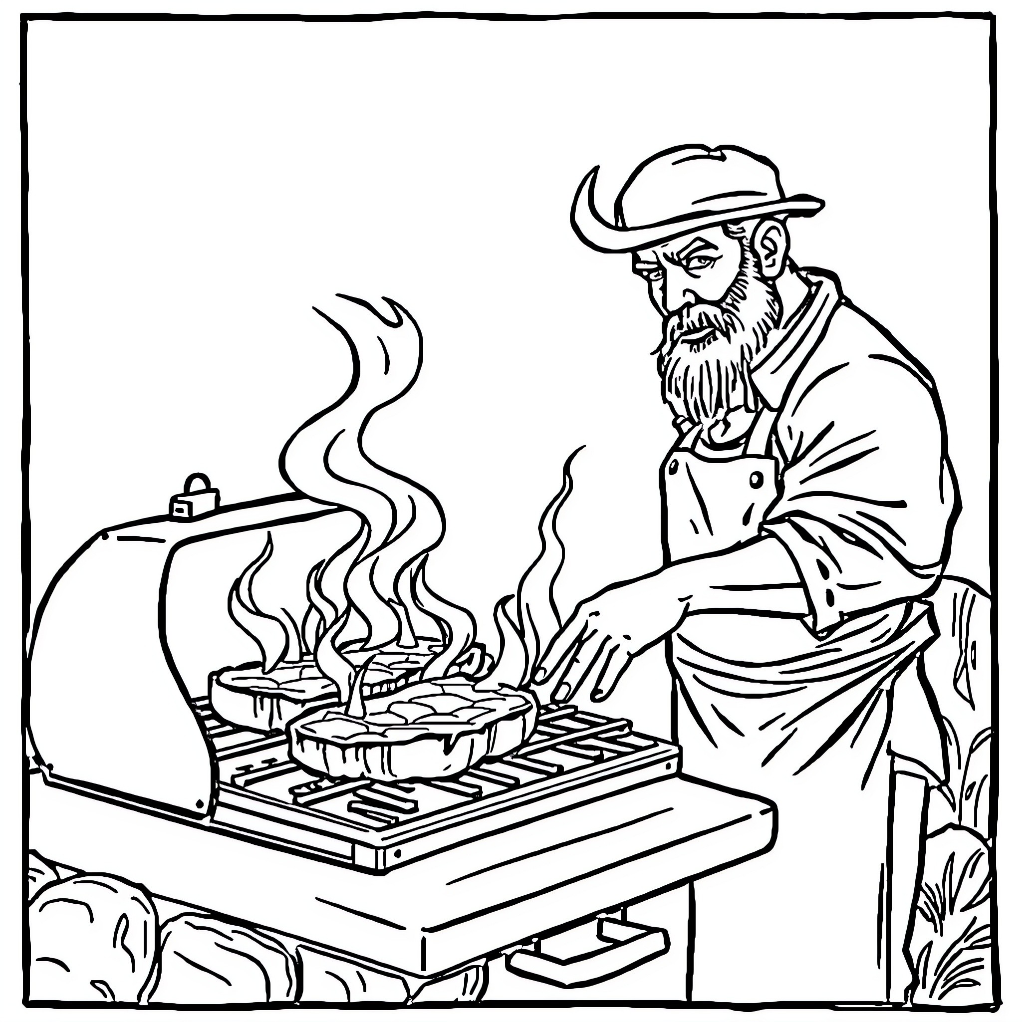 Brahman grilling delectable dishes with care Coloring Page (free black-and-white line drawing printable PDF for all, from beginners to advanced learners, including children, teens, adults, and seniors)