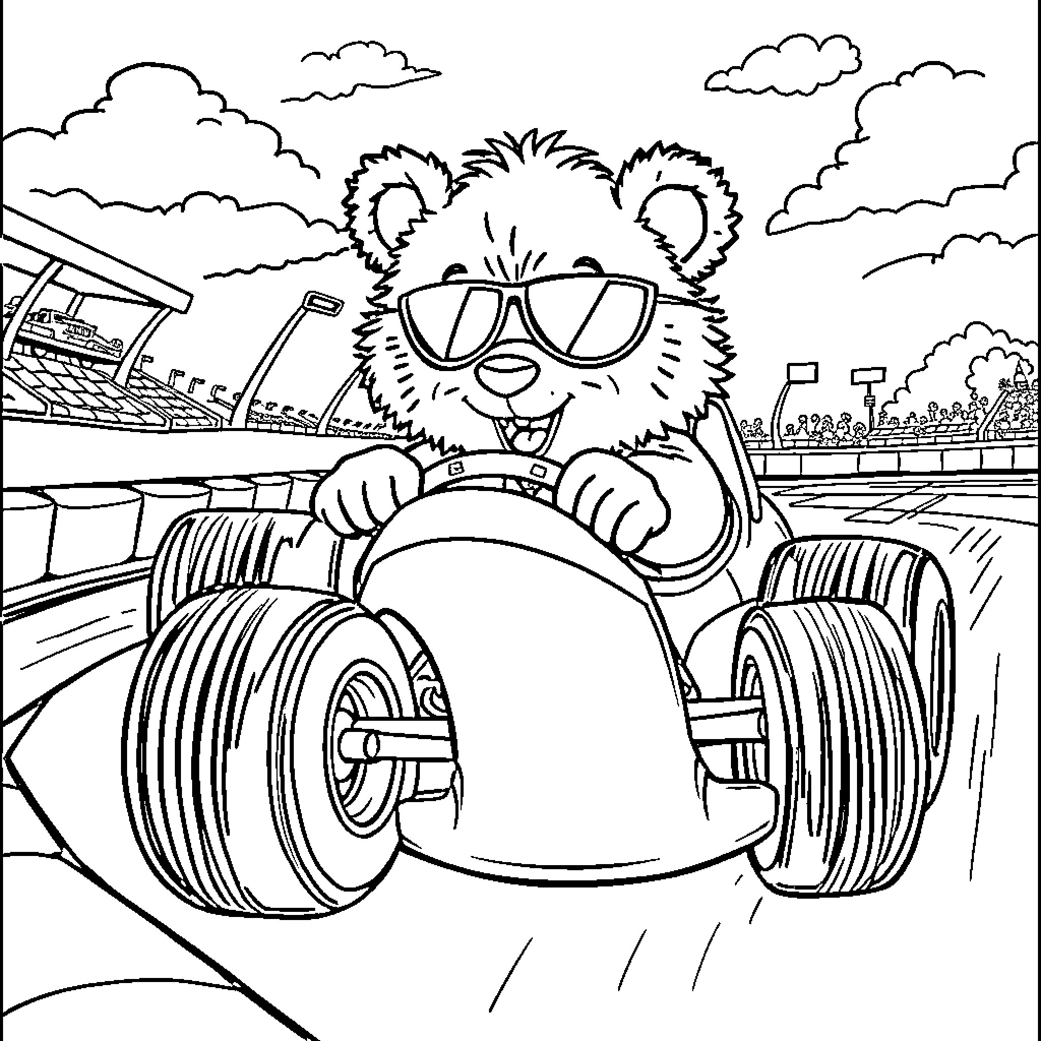 Freddy Fazbear racing in a fast car on the track Coloring Page (free black-and-white line drawing printable PDF for all, from beginners to advanced learners, including children, teens, adults, and seniors)
