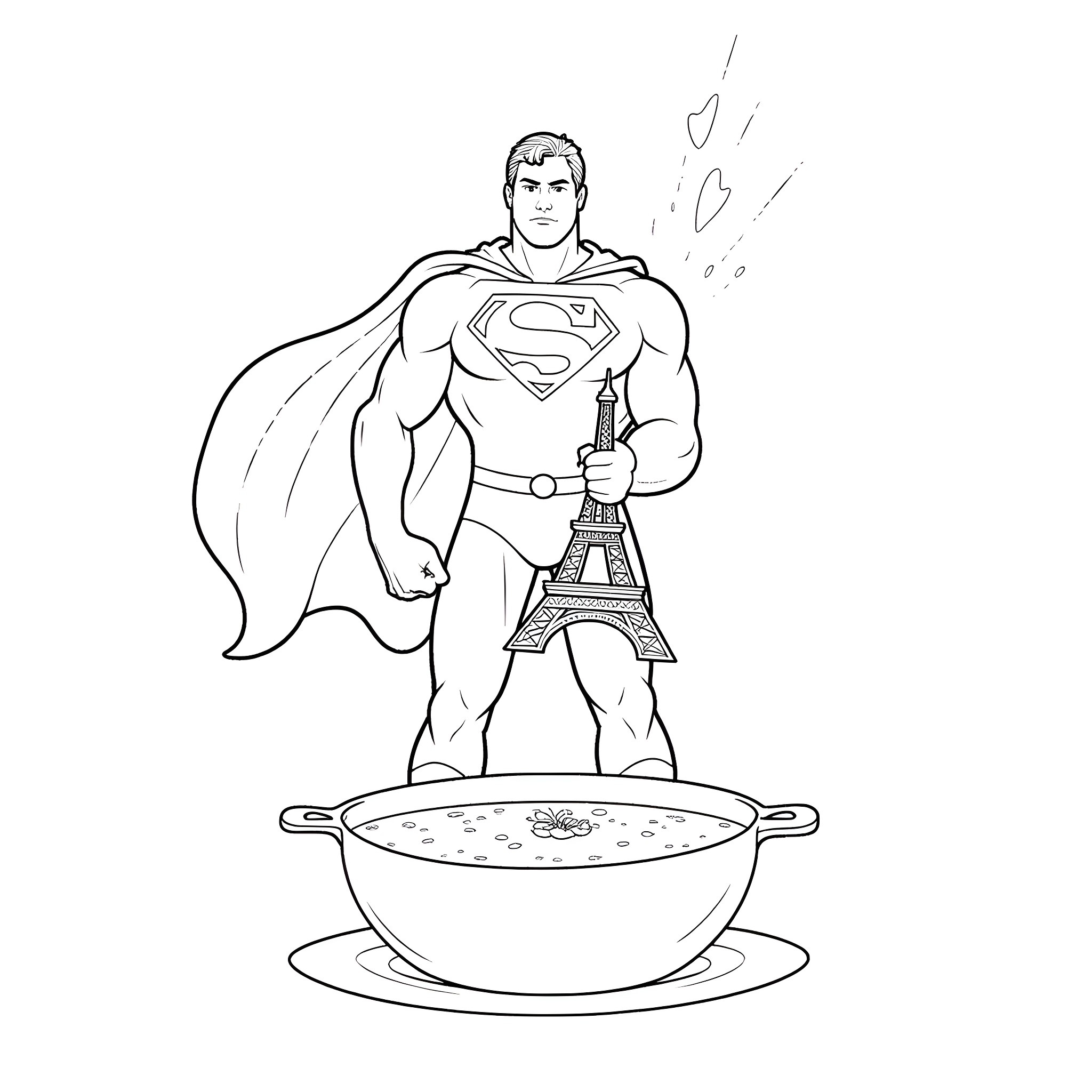 Superman Saves the Day with a Soup Bowl Coloring Page (free black-and-white line drawing printable PDF for all, from beginners to advanced learners, including children, teens, adults, and seniors)