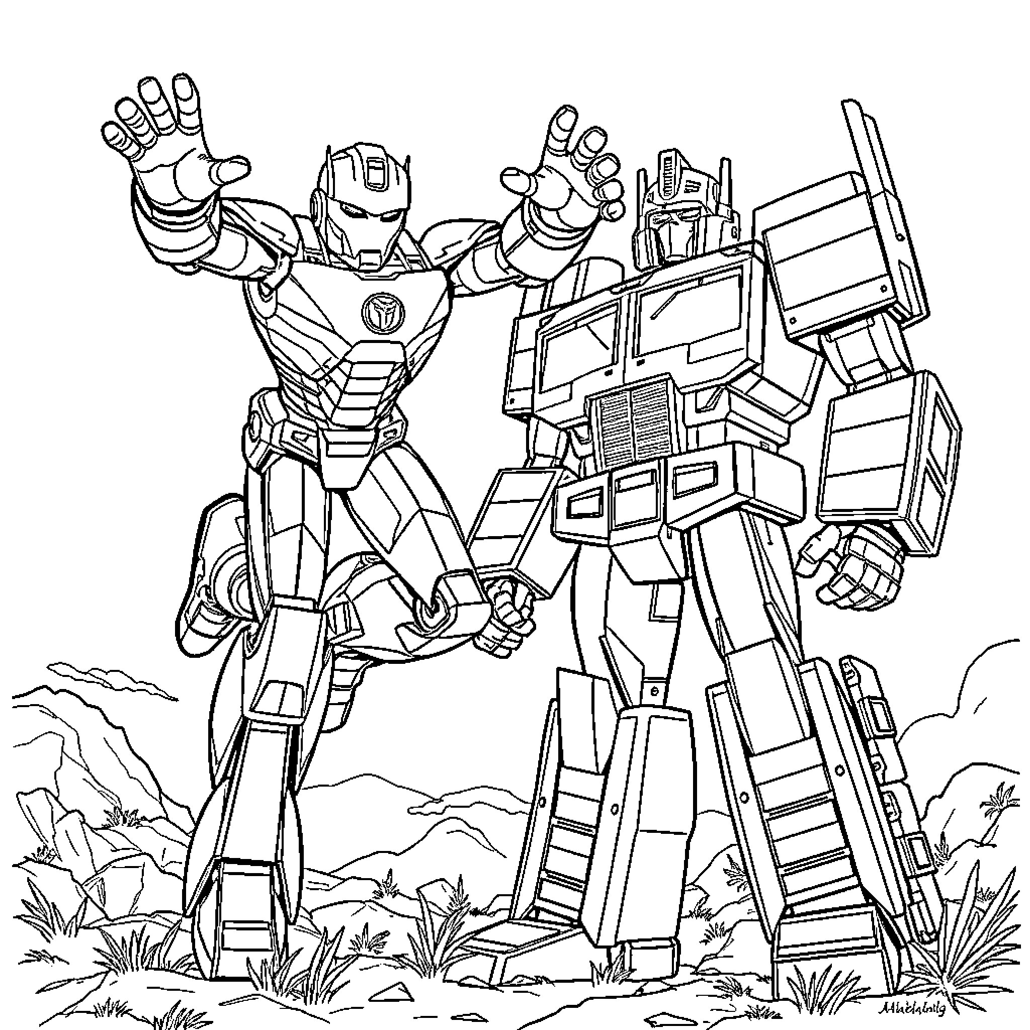 Ironman Robot Transforming in Scenic Landscape Coloring Page (free black-and-white line drawing printable PDF for all, from beginners to advanced learners, including children, teens, adults, and seniors)
