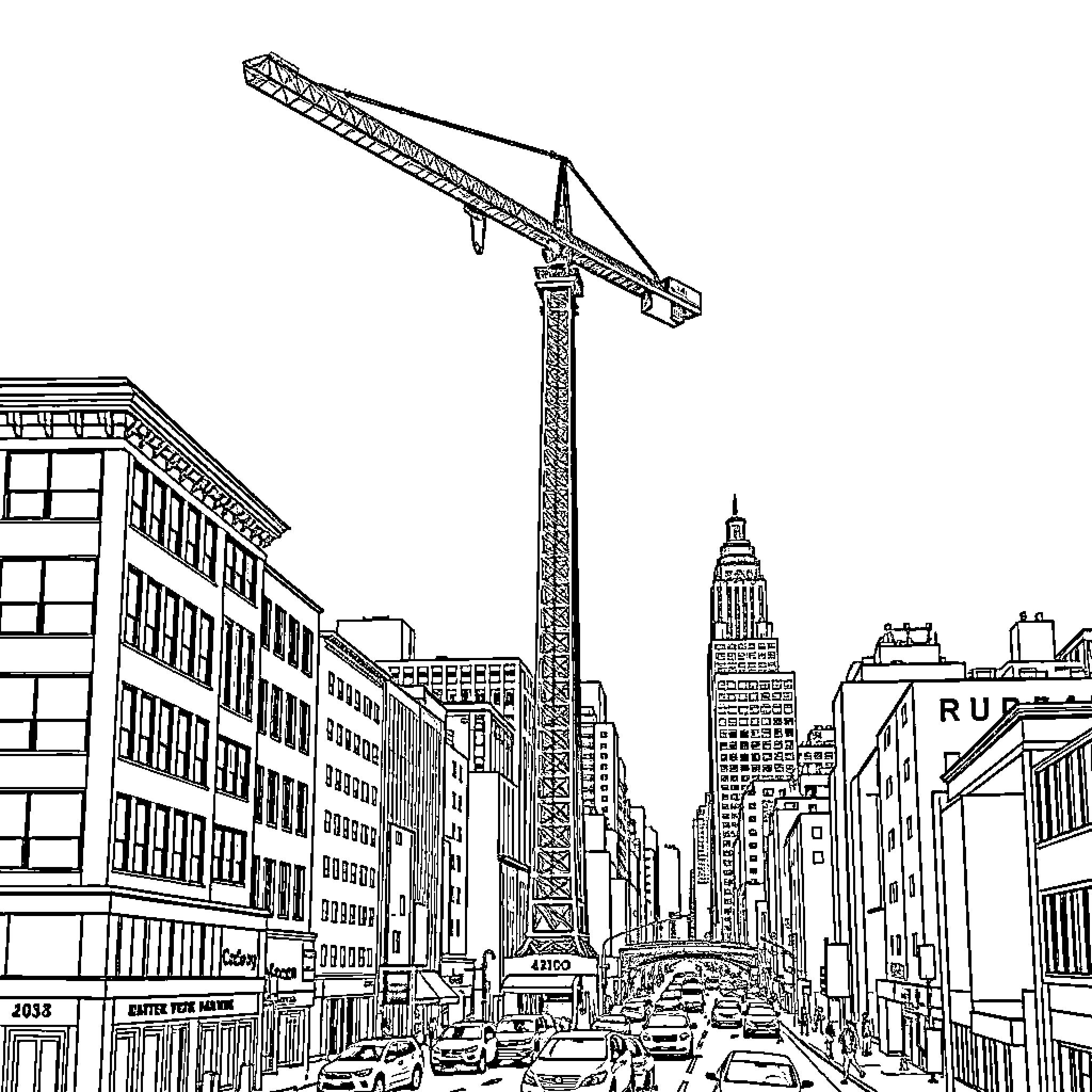 Crane tower over busy city skyline Coloring Page (free black-and-white line drawing printable PDF for all, from beginners to advanced learners, including children, teens, adults, and seniors)