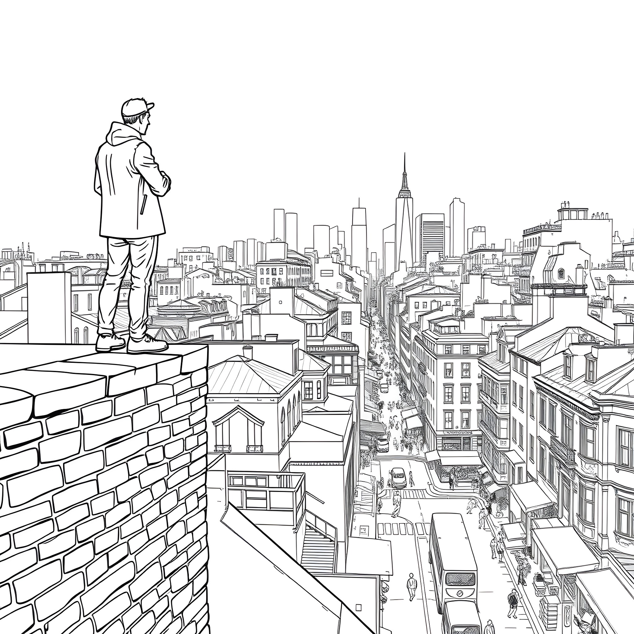 Man overlooking the bustling city skyline Coloring Page (free black-and-white line drawing printable PDF for all, from beginners to advanced learners, including children, teens, adults, and seniors)