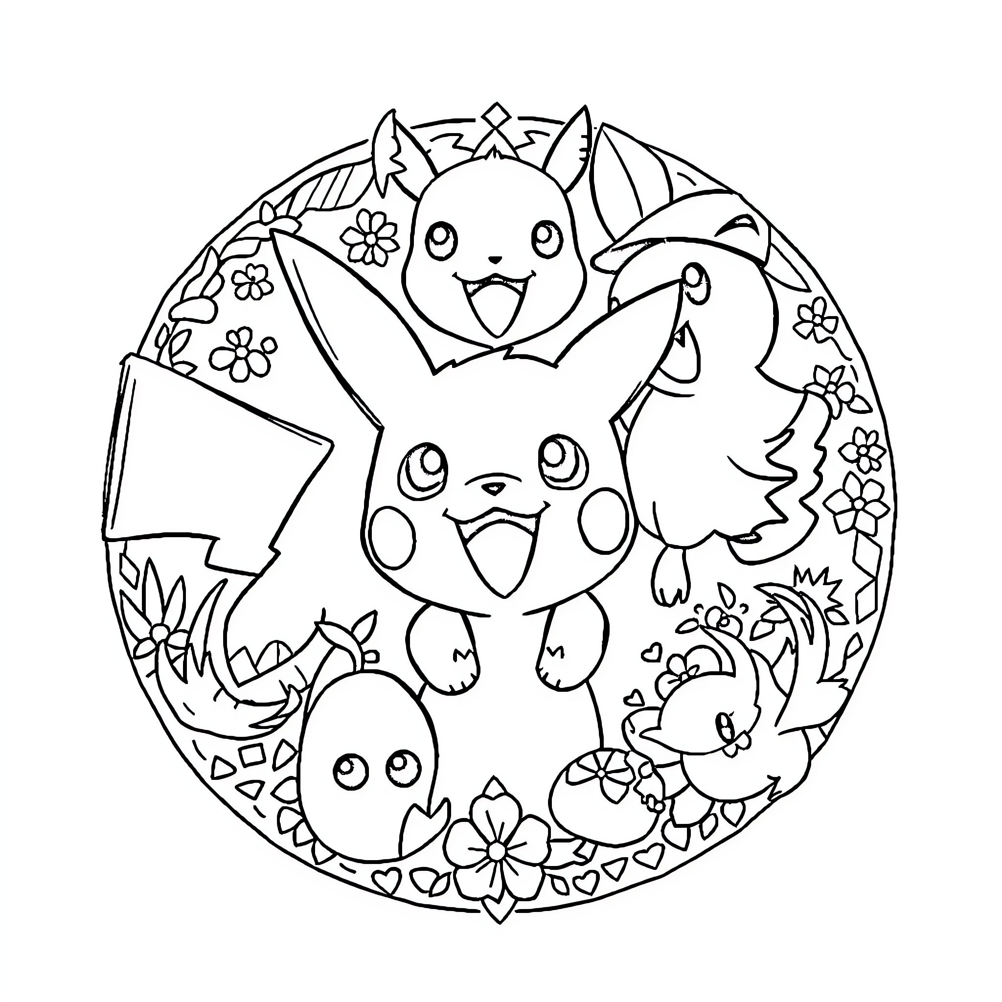 Pokémon characters in a whimsical floral pattern Coloring Page (free black-and-white line drawing printable PDF for all, from beginners to advanced learners, including children, teens, adults, and seniors)