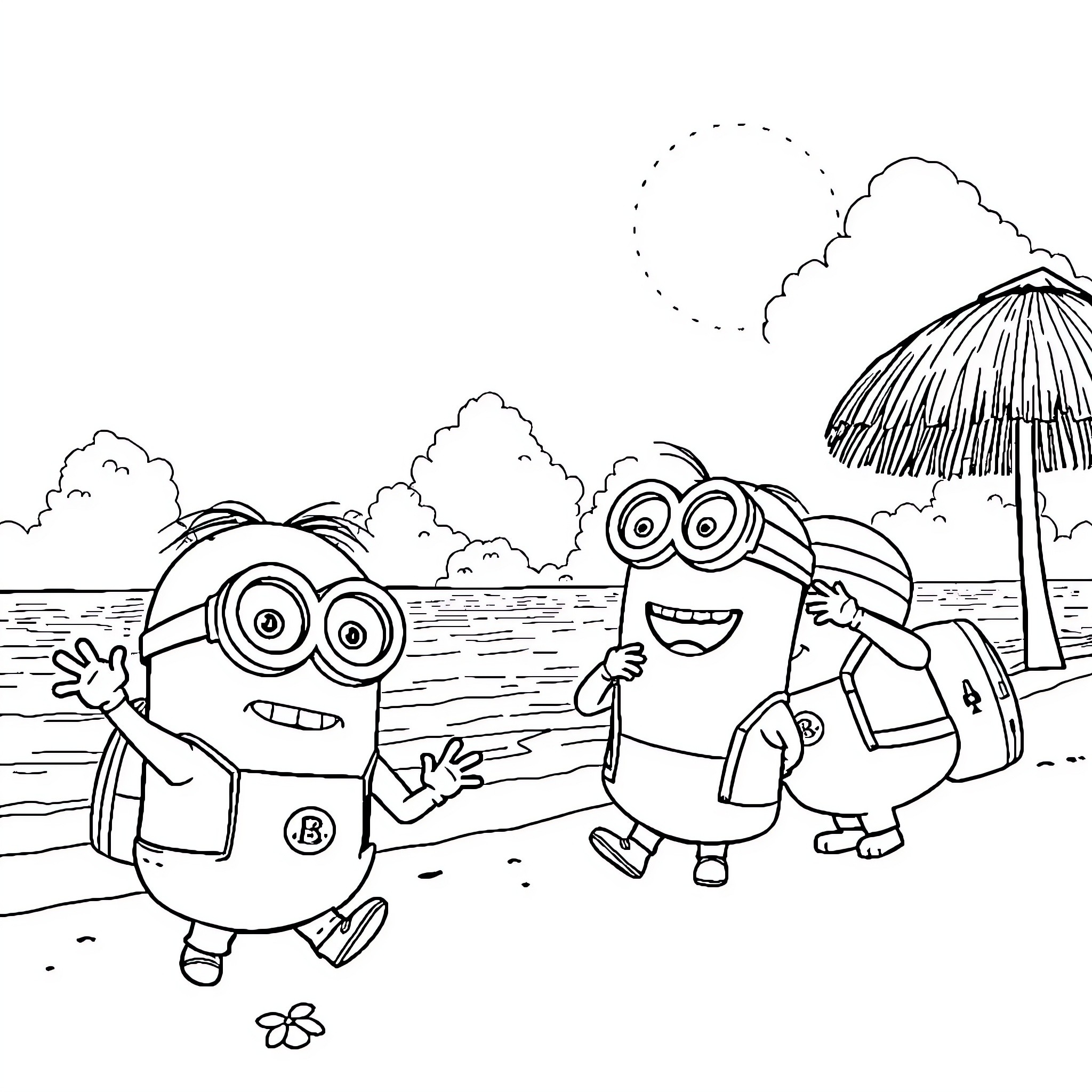 Minions playing happily at the beach Coloring Page (free black-and-white line drawing printable PDF for all, from beginners to advanced learners, including children, teens, adults, and seniors)