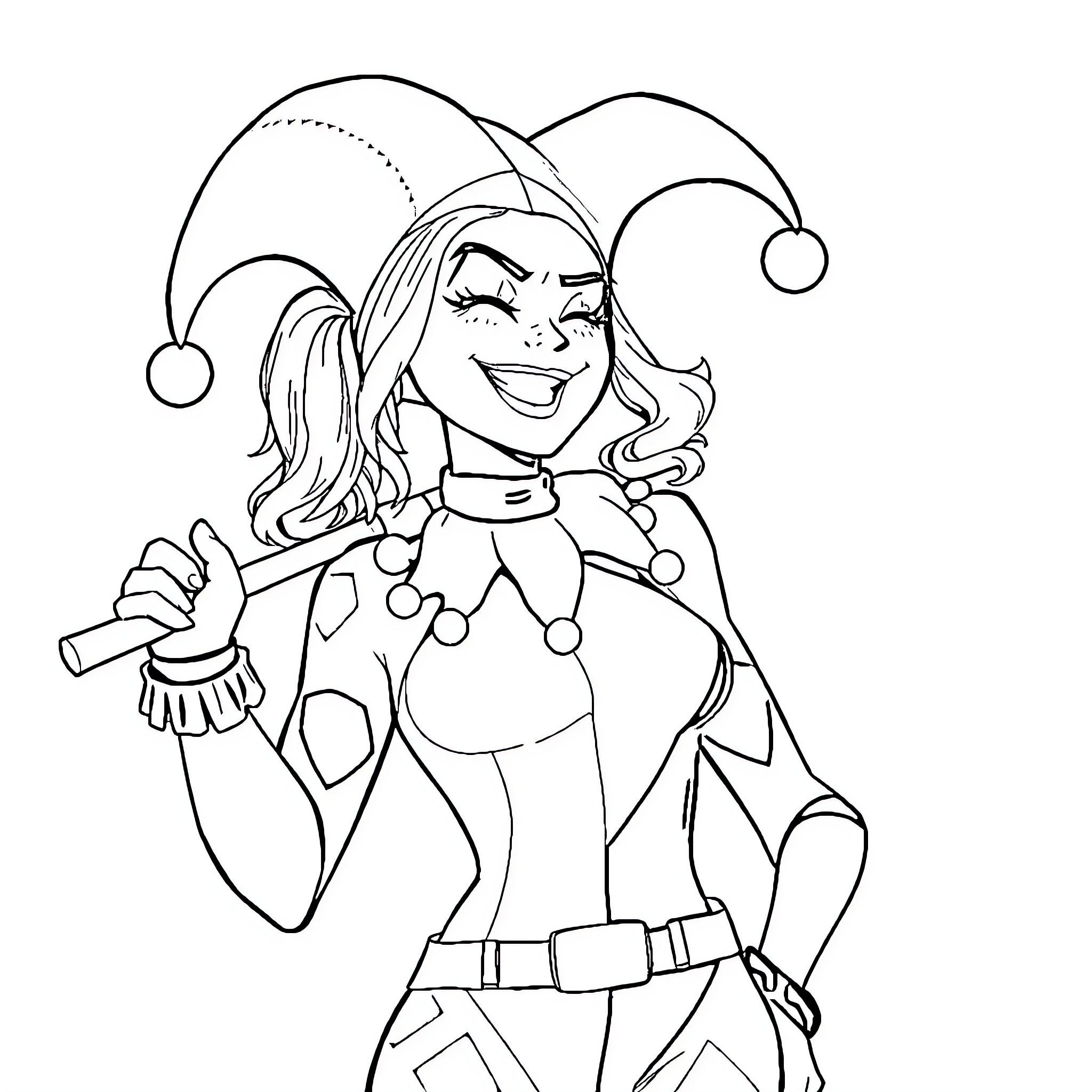 Harley Quinn in playful jester-inspired outfit Coloring Page (free black-and-white line drawing printable PDF for all, from beginners to advanced learners, including children, teens, adults, and seniors)