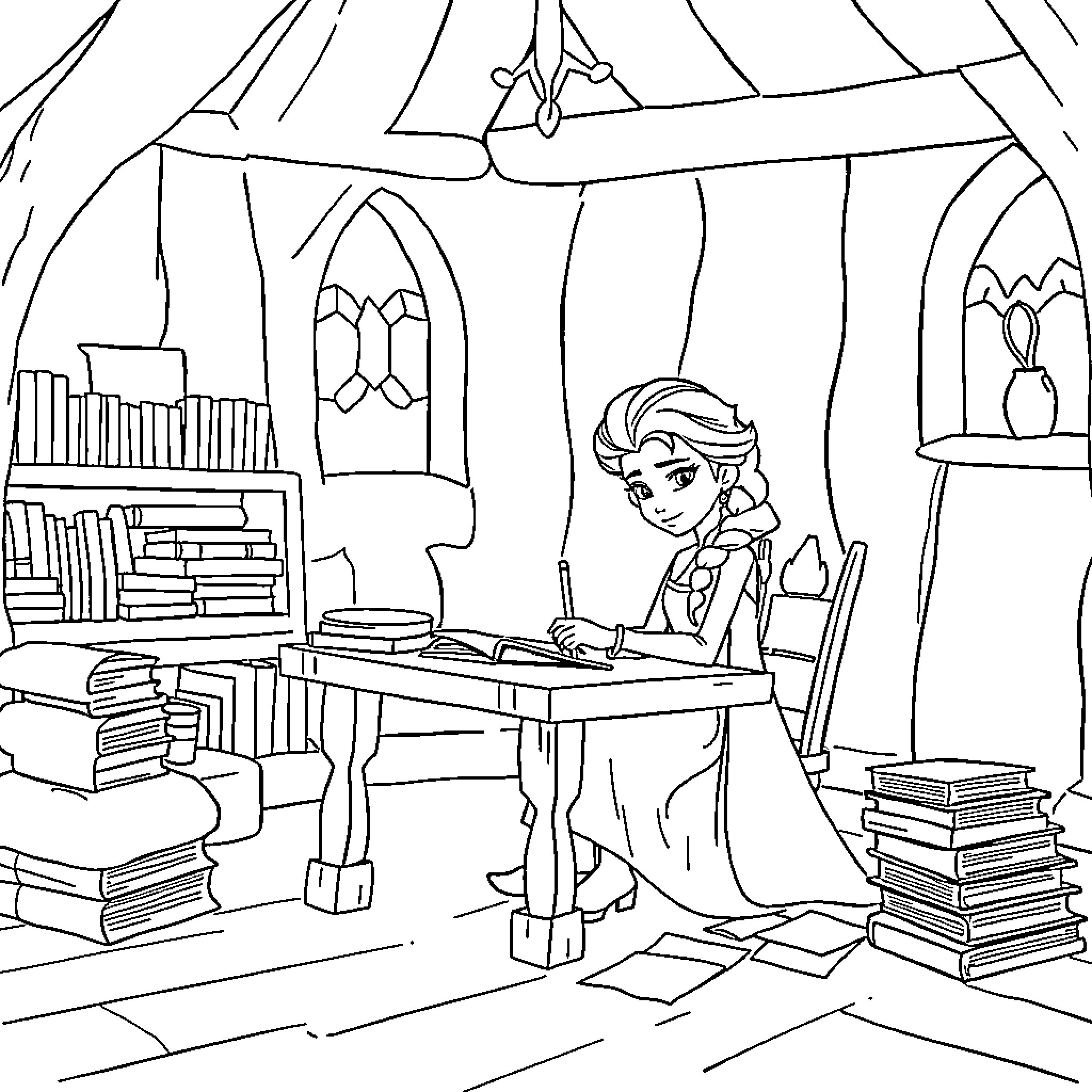 Elsa studying in her enchanted castle library Coloring Page (free black-and-white line drawing printable PDF for all, from beginners to advanced learners, including children, teens, adults, and seniors)