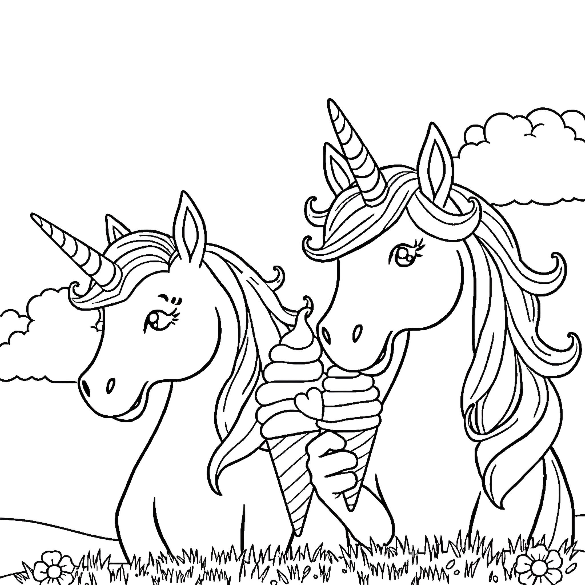 Unicorn friends playing in the magical meadow Coloring Page (free black-and-white line drawing printable PDF for all, from beginners to advanced learners, including children, teens, adults, and seniors)