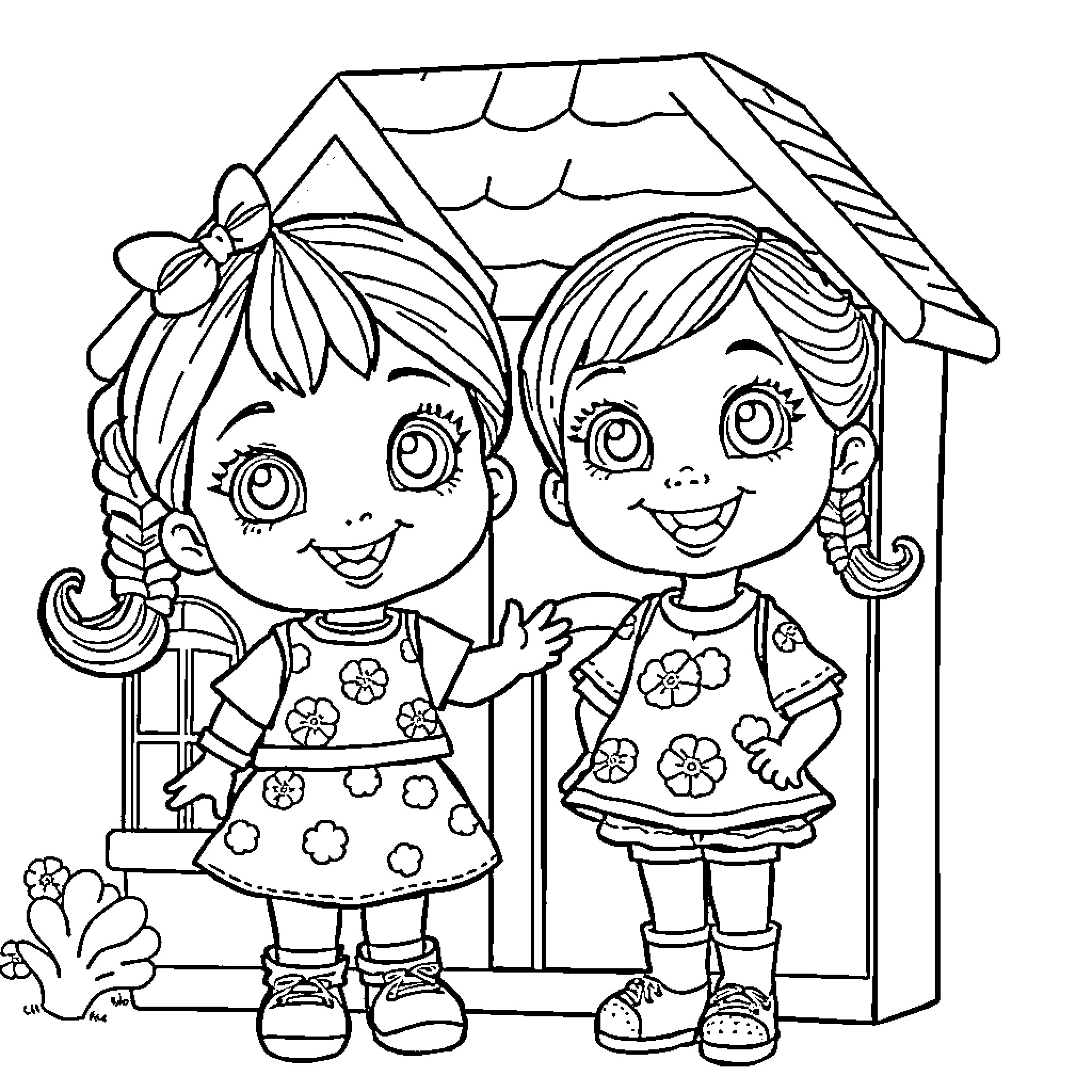 Gabby Dollhouse - Two Friends Enjoying Playtime Coloring Page (free black-and-white line drawing printable PDF for all, from beginners to advanced learners, including children, teens, adults, and seniors)