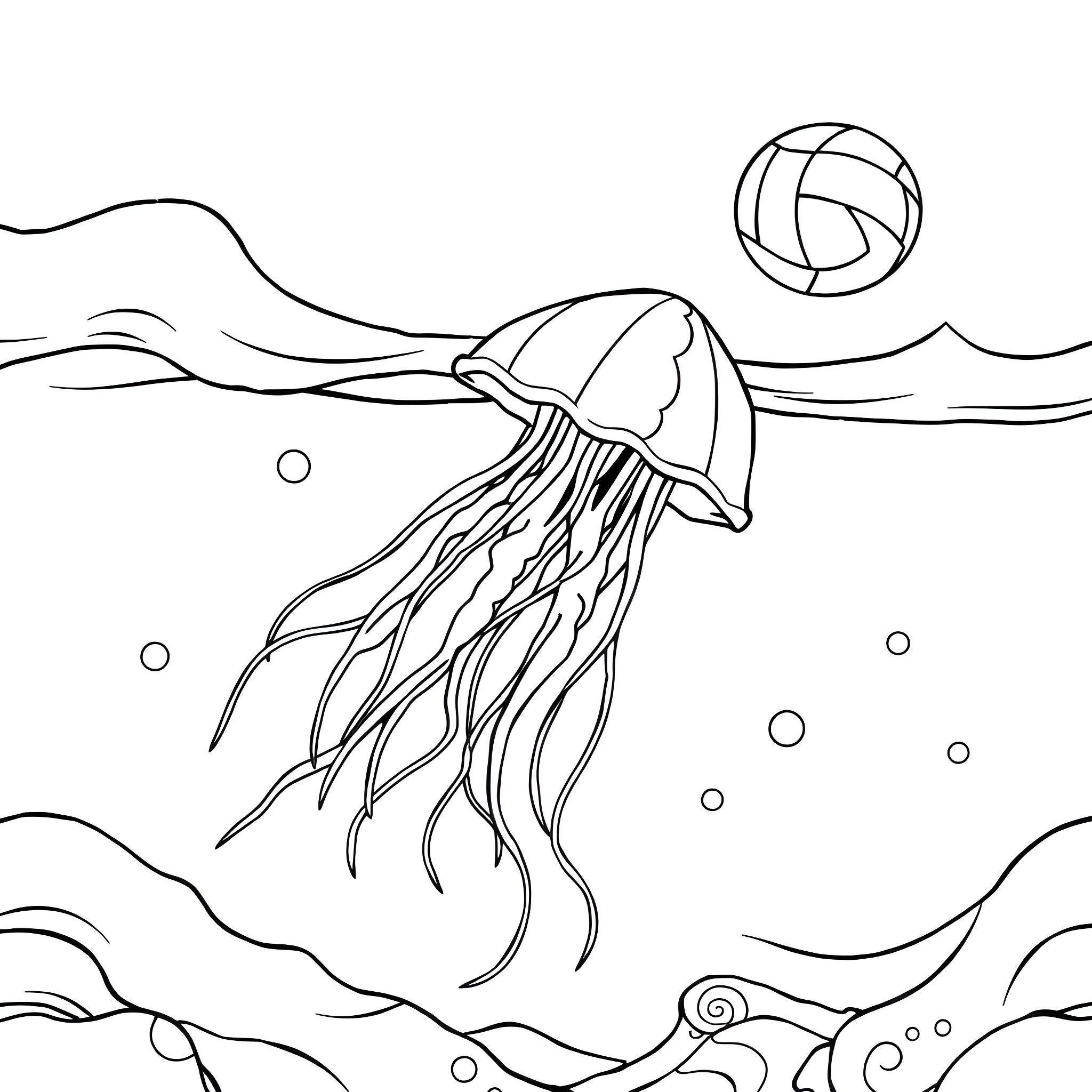 Jellyfish swimming gracefully in the ocean Coloring Page (free black-and-white line drawing printable PDF for all, from beginners to advanced learners, including children, teens, adults, and seniors)