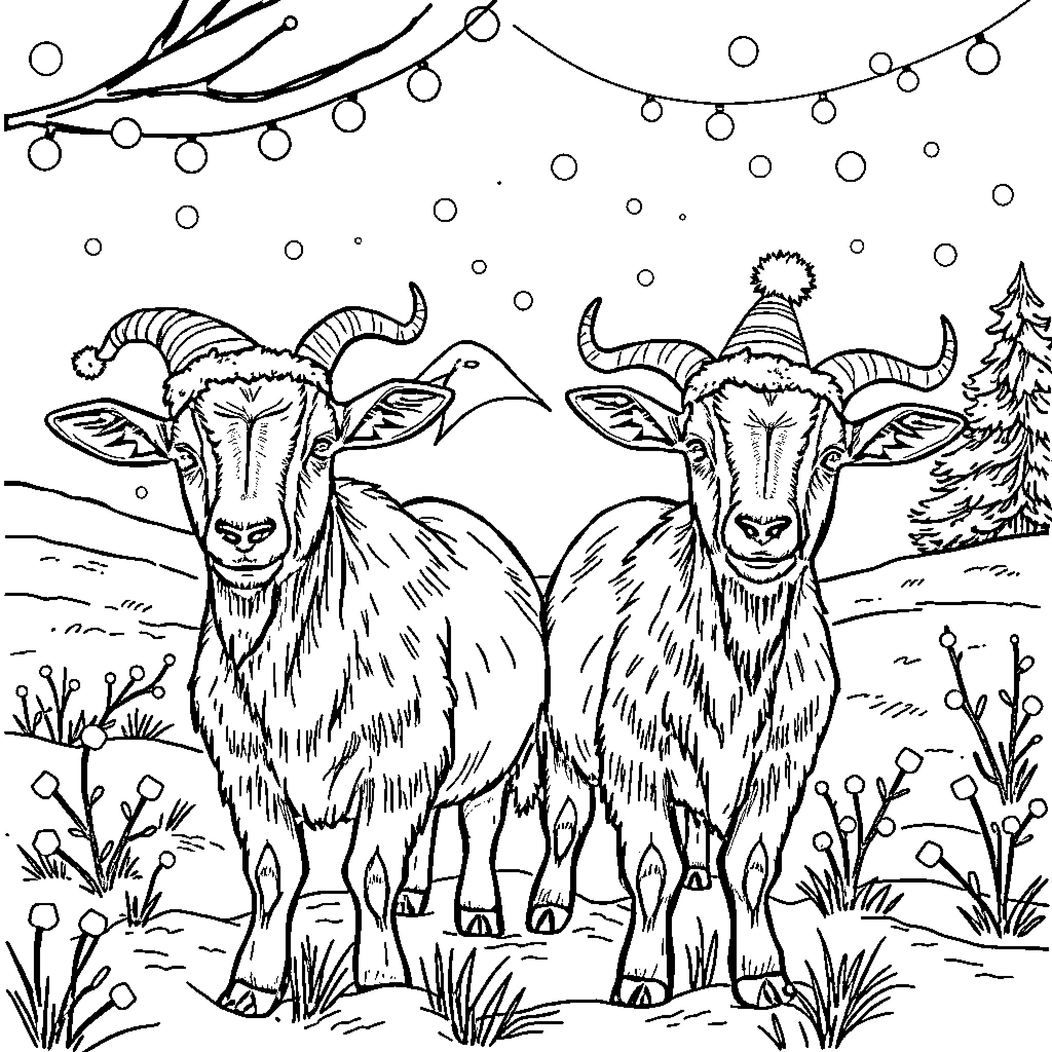 Goats standing in snowy landscape with holiday lights Coloring Page (free black-and-white line drawing printable PDF for all, from beginners to advanced learners, including children, teens, adults, and seniors)