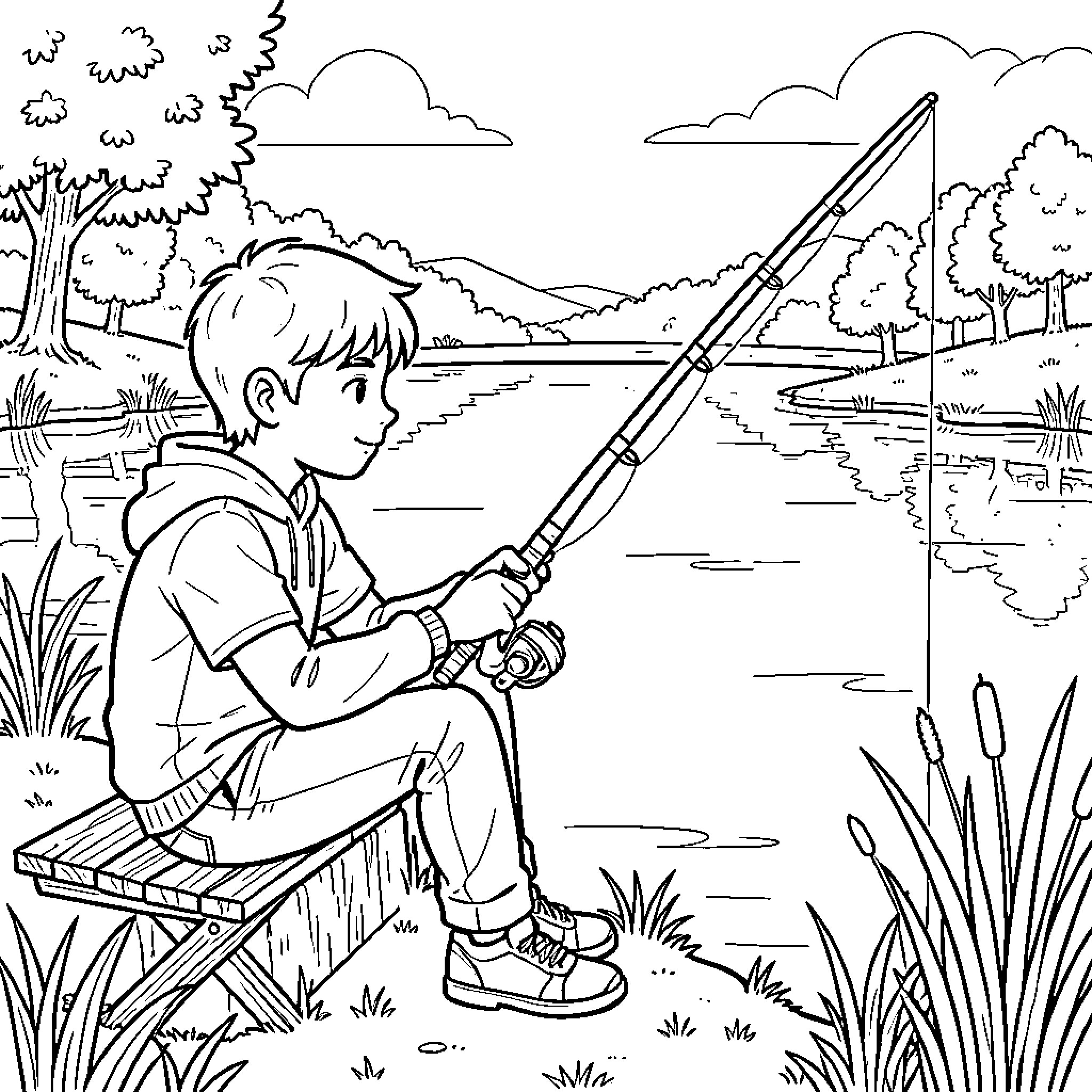 Rowen Smith enjoying a peaceful fishing trip by the lake Coloring Page (free black-and-white line drawing printable PDF for all, from beginners to advanced learners, including children, teens, adults, and seniors)