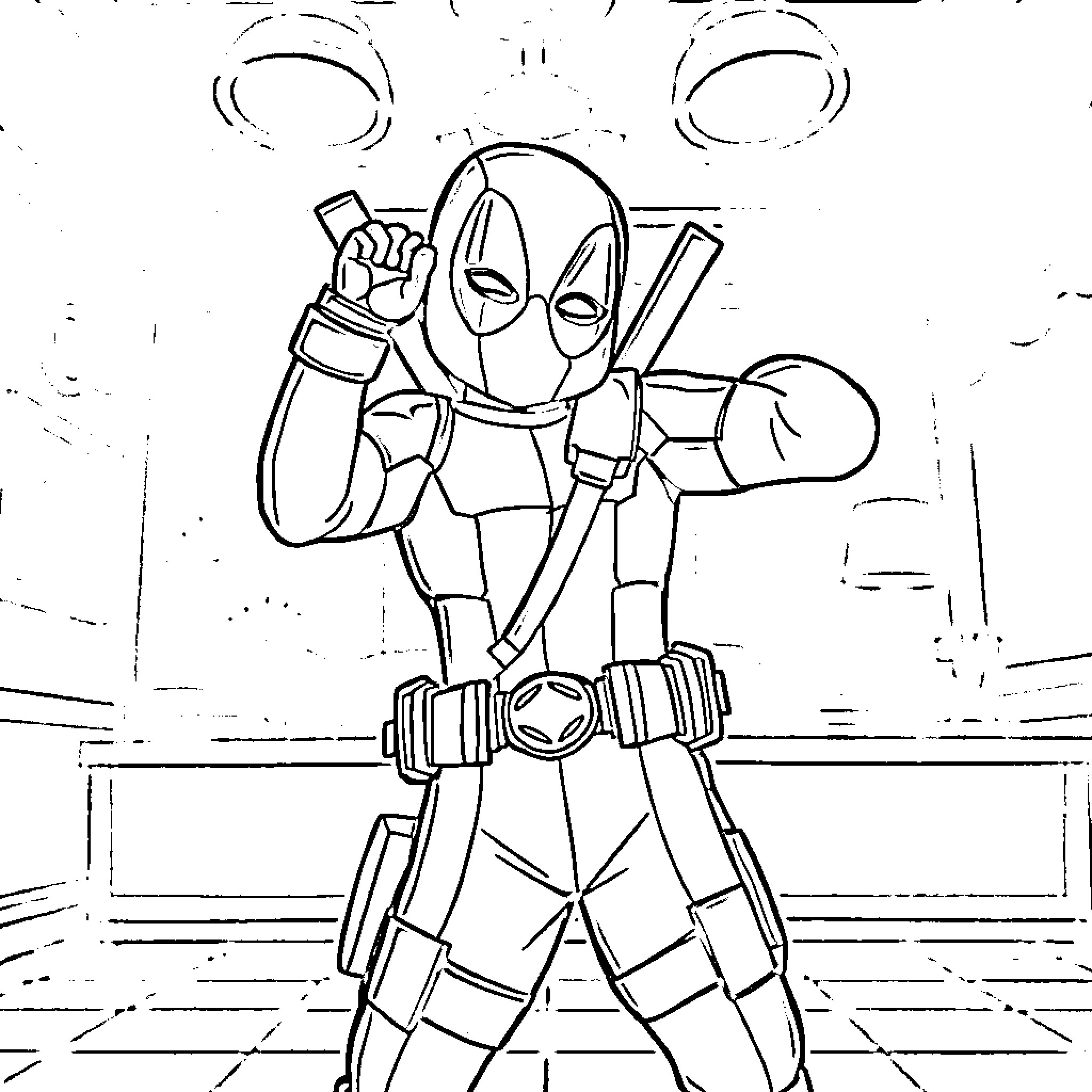 Deadpool in action pose with weapons Coloring Page (free black-and-white line drawing printable PDF for all, from beginners to advanced learners, including children, teens, adults, and seniors)