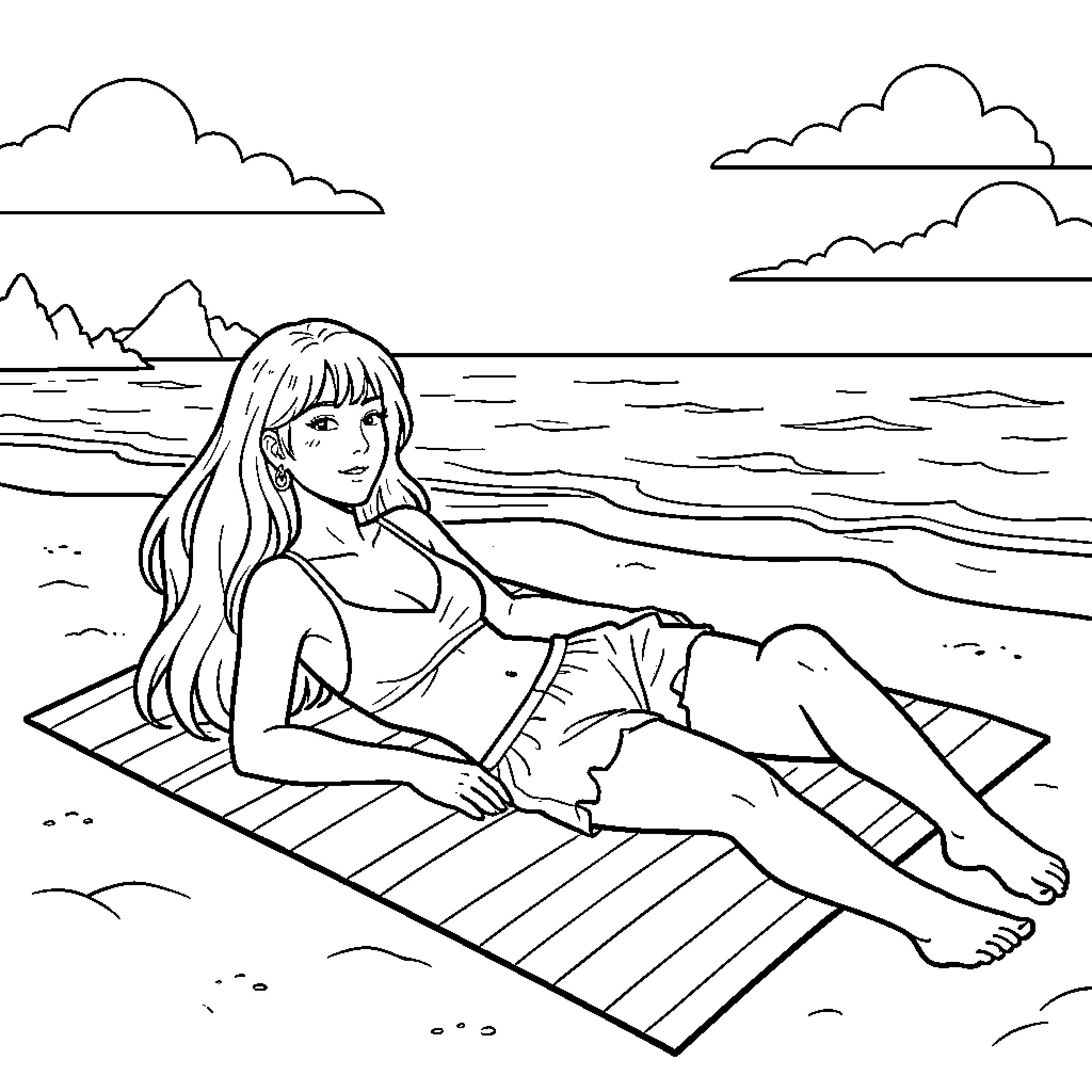 K-pop Star relaxing on a beach towel Coloring Page (free black-and-white line drawing printable PDF for all, from beginners to advanced learners, including children, teens, adults, and seniors)