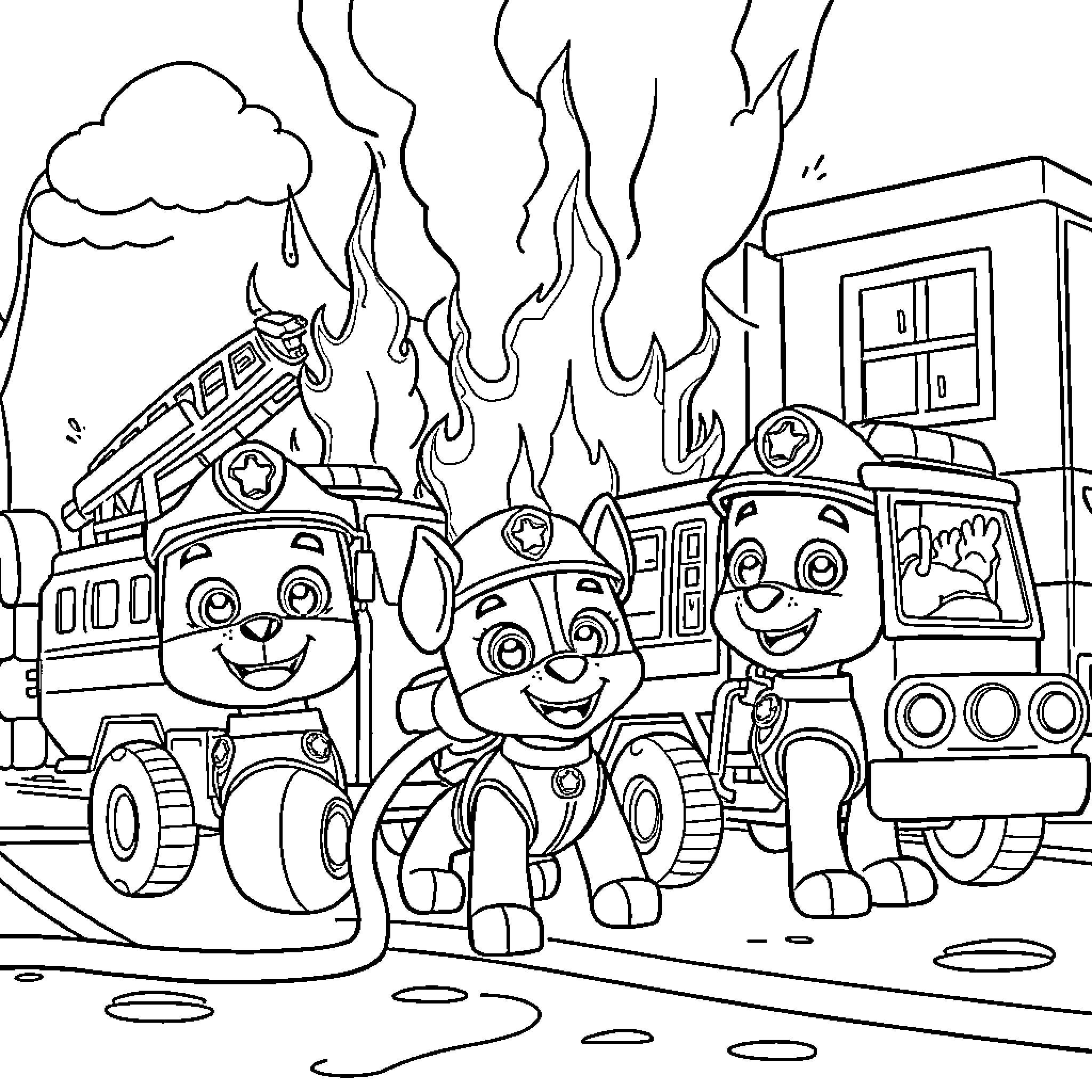 Paw Patrol firefighters responding to an emergency Coloring Page (free black-and-white line drawing printable PDF for all, from beginners to advanced learners, including children, teens, adults, and seniors)