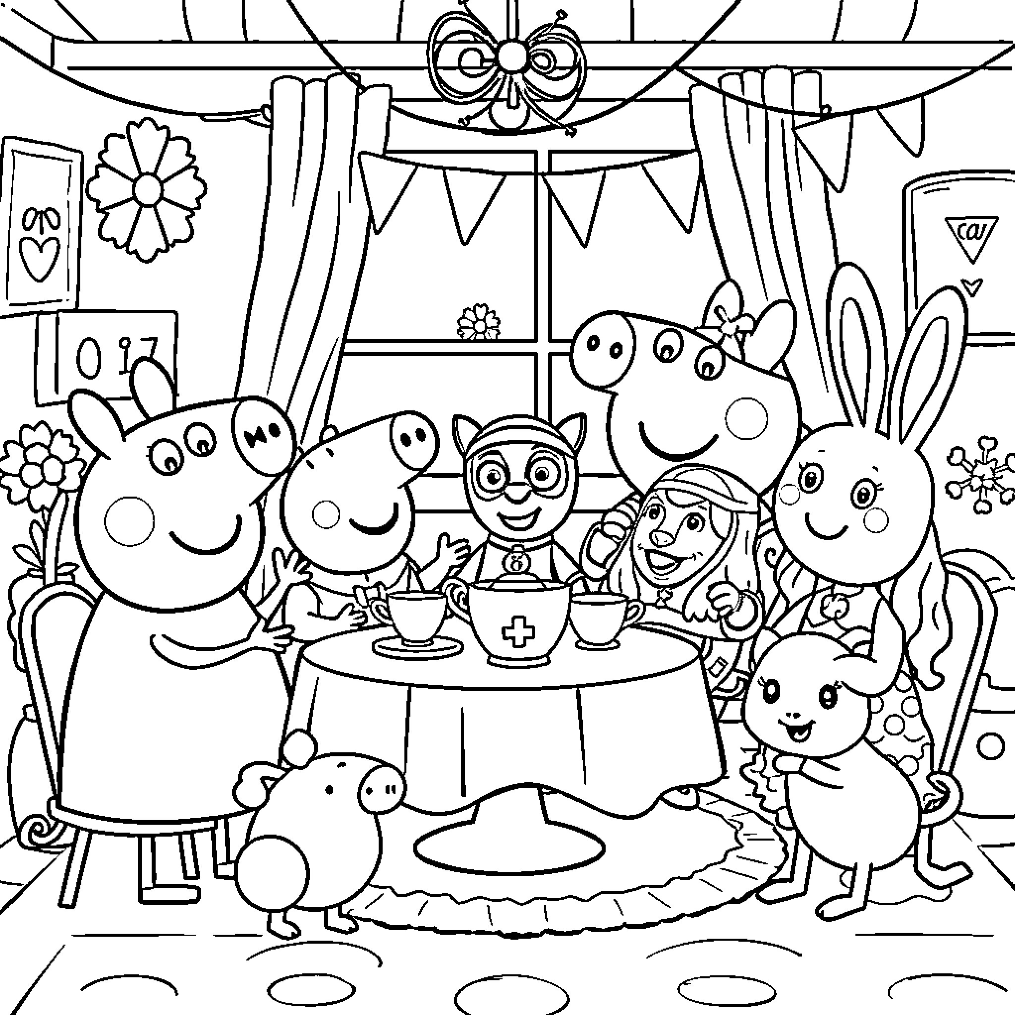Peppa Pig and friends having a party Coloring Page (free black-and-white line drawing printable PDF for all, from beginners to advanced learners, including children, teens, adults, and seniors)