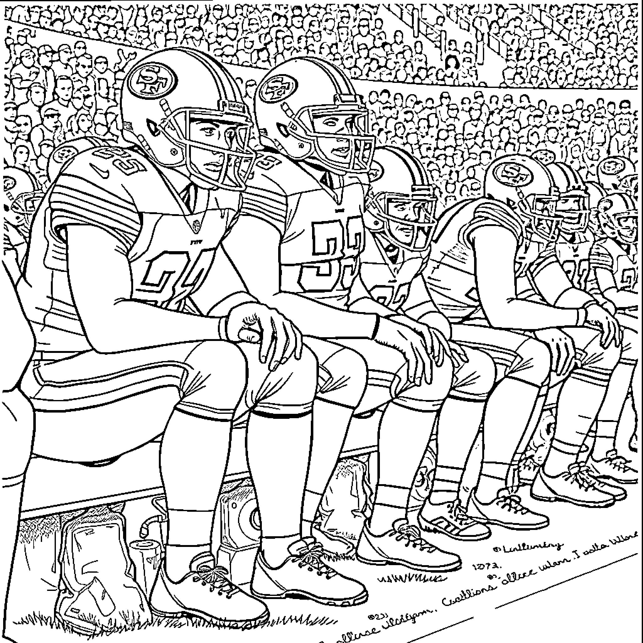 49ers Player Engaging in Intense Football Match Coloring Page (free black-and-white line drawing printable PDF for all, from beginners to advanced learners, including children, teens, adults, and seniors)