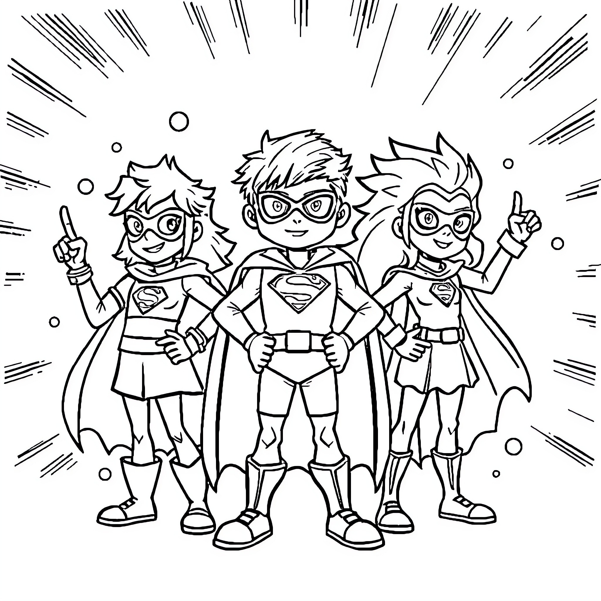 Superthings: Super Friends in Action Coloring Page (free black-and-white line drawing printable PDF for all, from beginners to advanced learners, including children, teens, adults, and seniors)