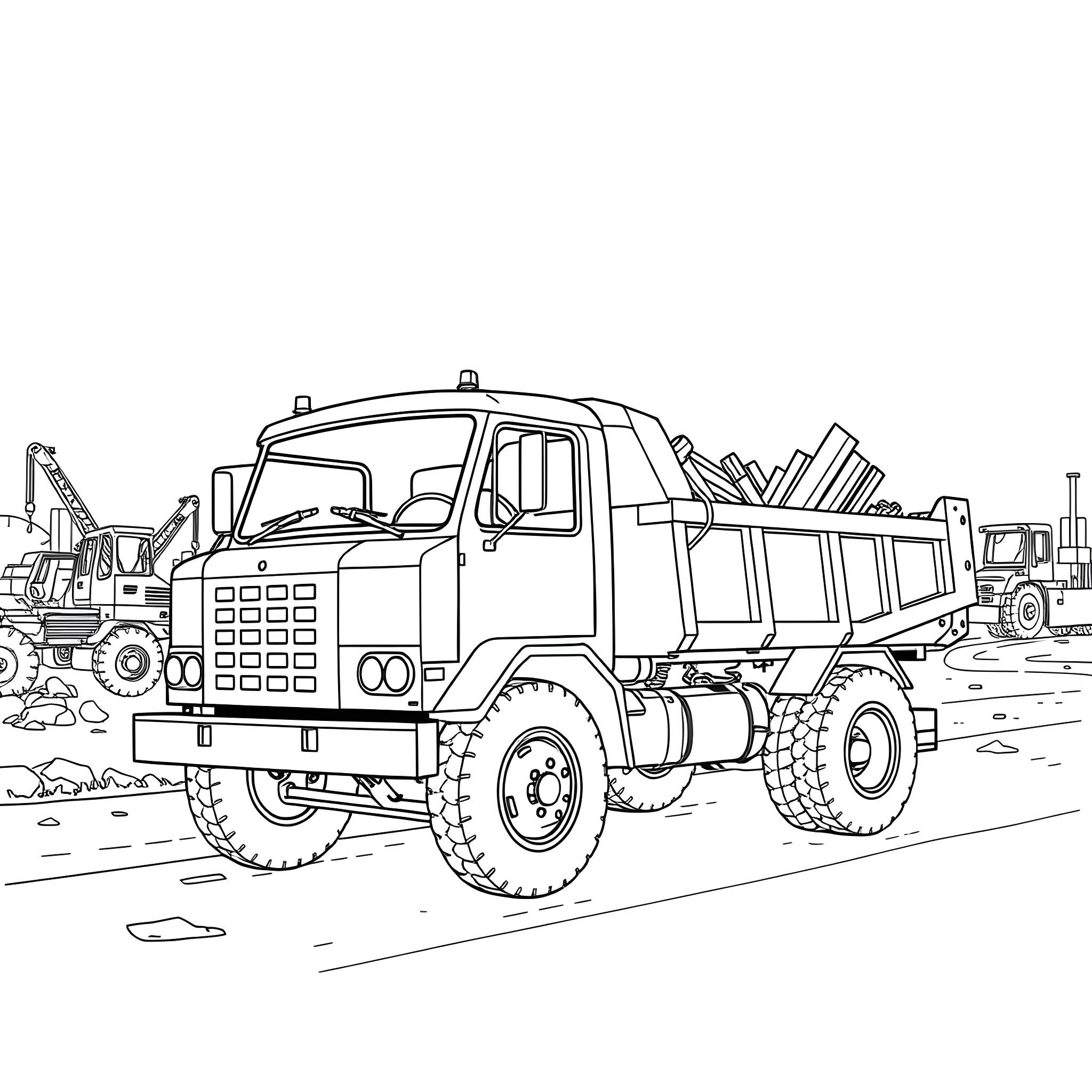 Dump Pickup Truck in Construction Site Coloring Page (free black-and-white line drawing printable PDF for all, from beginners to advanced learners, including children, teens, adults, and seniors)