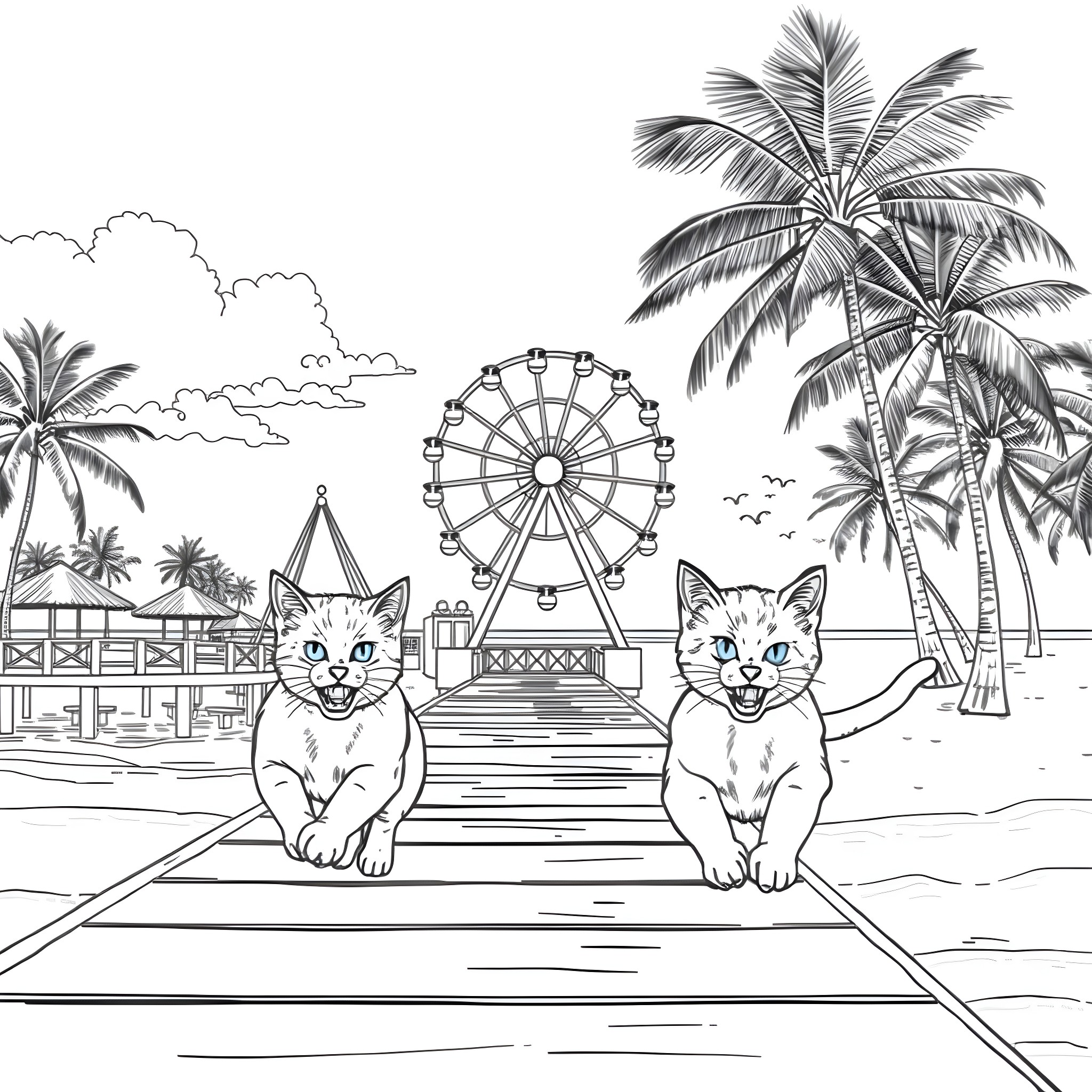 Cats enjoying the beach scene with ferris wheel Coloring Page (free black-and-white line drawing printable PDF for all, from beginners to advanced learners, including children, teens, adults, and seniors)