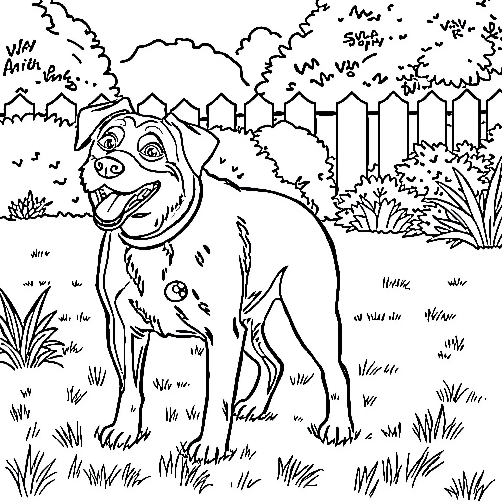 Dog happily exploring the outdoor landscape Coloring Page (free black-and-white line drawing printable PDF for all, from beginners to advanced learners, including children, teens, adults, and seniors)