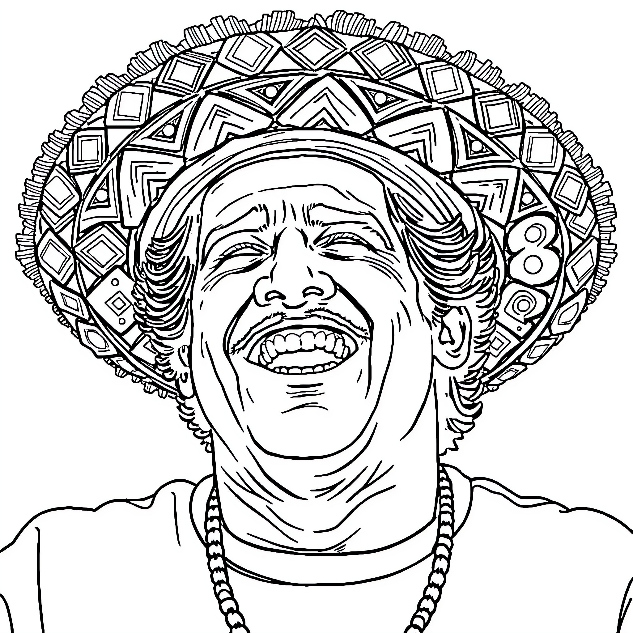 Maradona's Iconic Smile and Sombrero Coloring Page (free black-and-white line drawing printable PDF for all, from beginners to advanced learners, including children, teens, adults, and seniors)