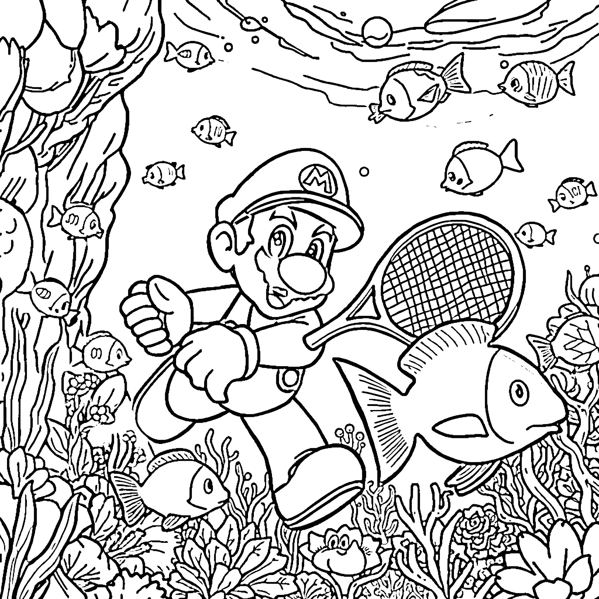 Mario's Underwater Fishing Adventure Coloring Page (free black-and-white line drawing printable PDF for all, from beginners to advanced learners, including children, teens, adults, and seniors)