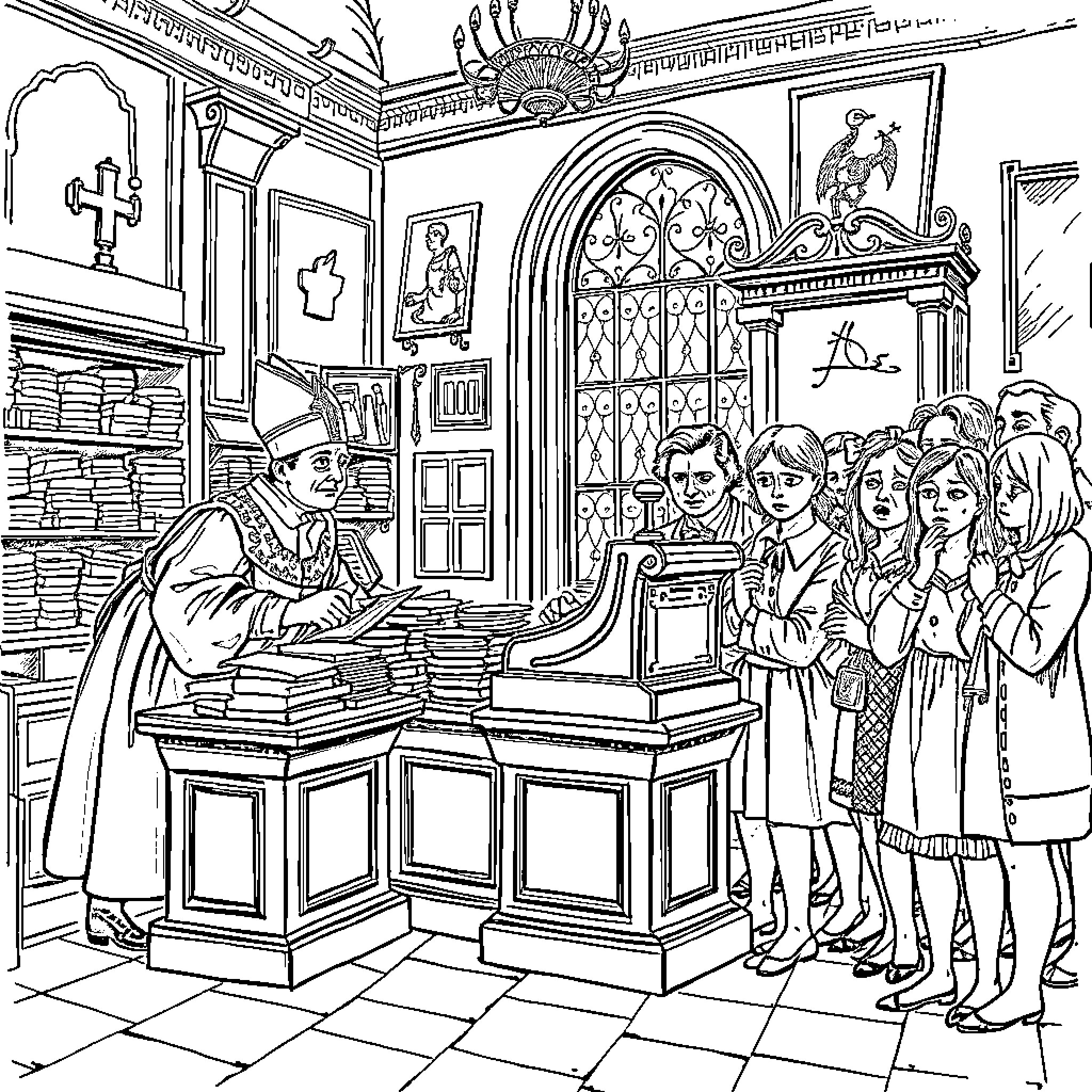Bishop Performing Religious Service with Congregation Coloring Page (free black-and-white line drawing printable PDF for all, from beginners to advanced learners, including children, teens, adults, and seniors)