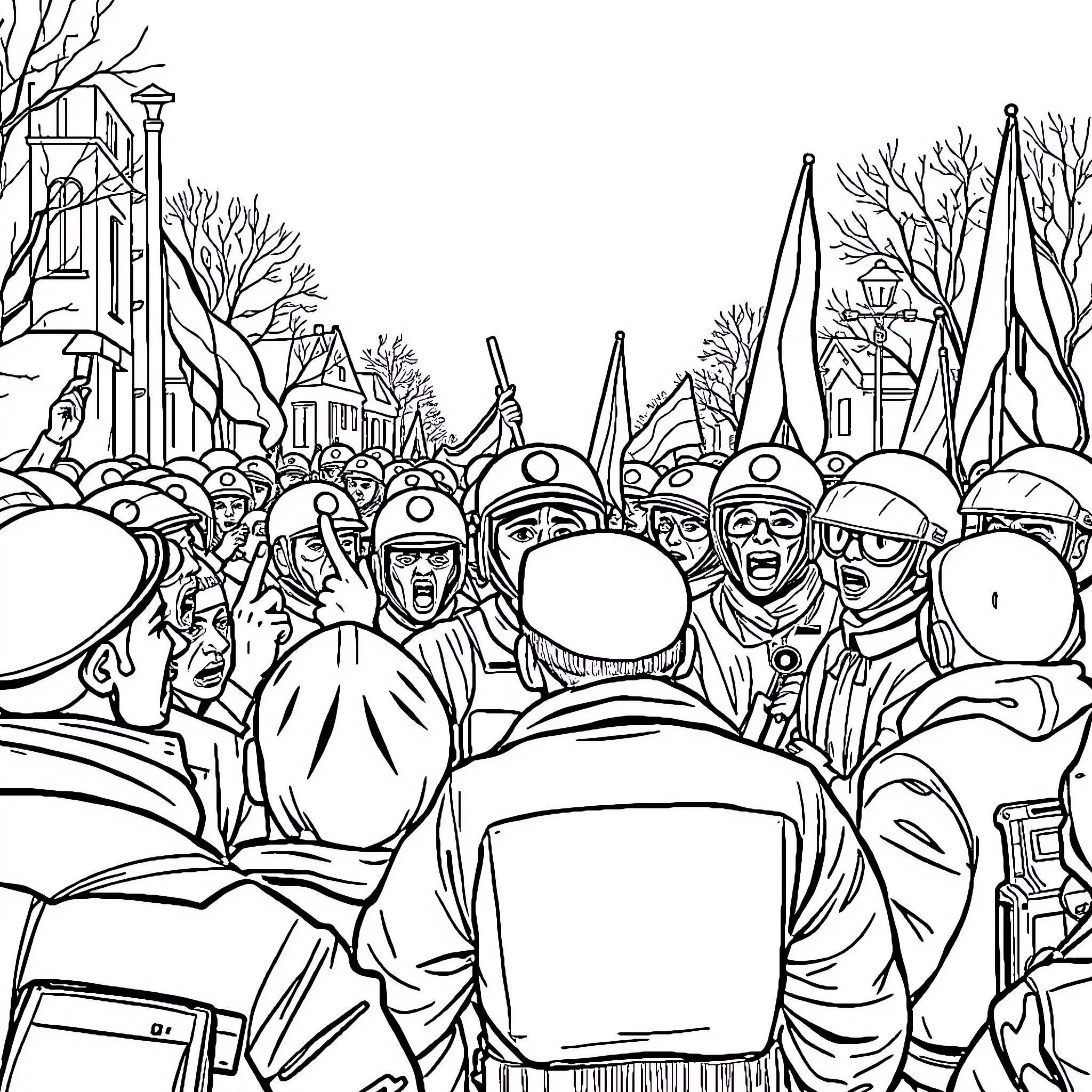 Villain Army Marching Through a Dystopian Landscape Coloring Page (free black-and-white line drawing printable PDF for all, from beginners to advanced learners, including children, teens, adults, and seniors)