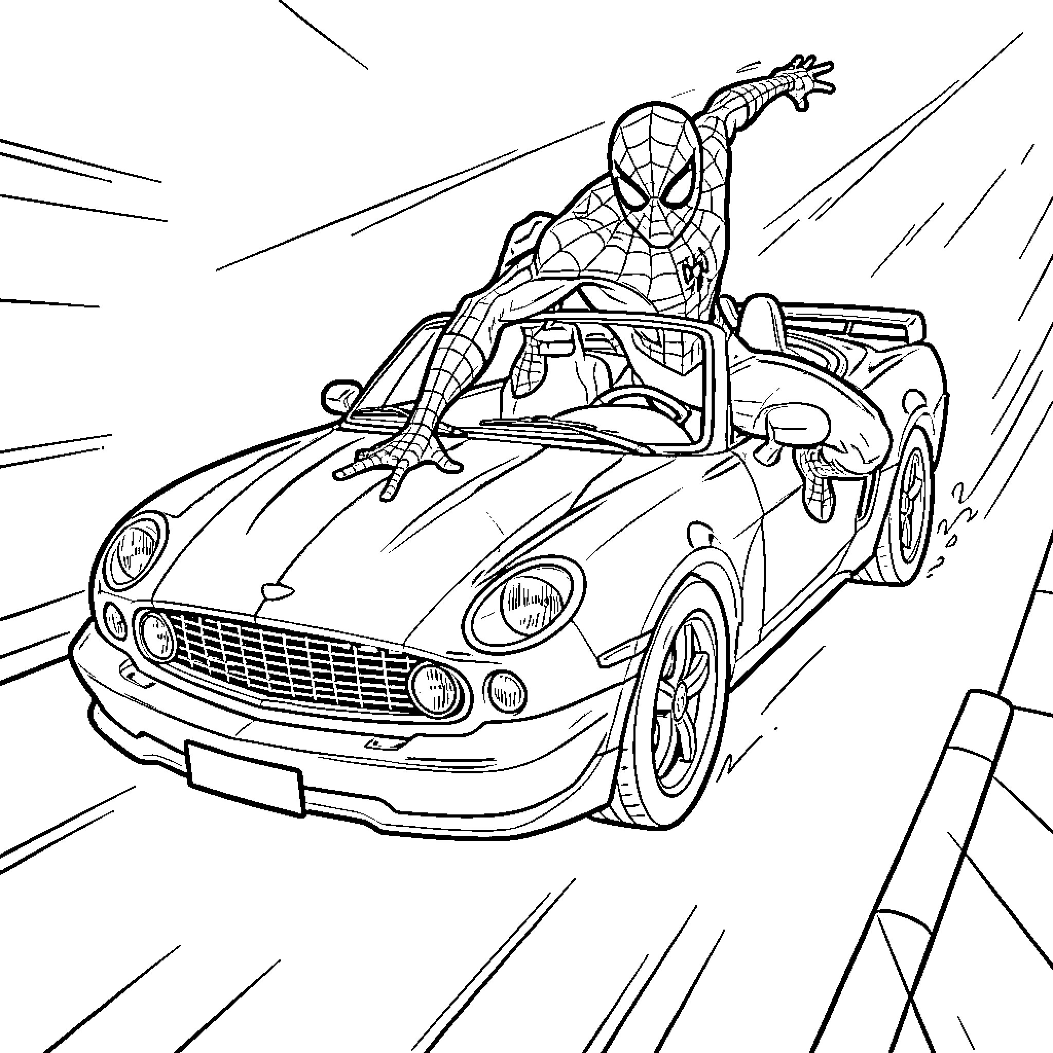 Spiderman swinging through the city in sports car Coloring Page (free black-and-white line drawing printable PDF for all, from beginners to advanced learners, including children, teens, adults, and seniors)