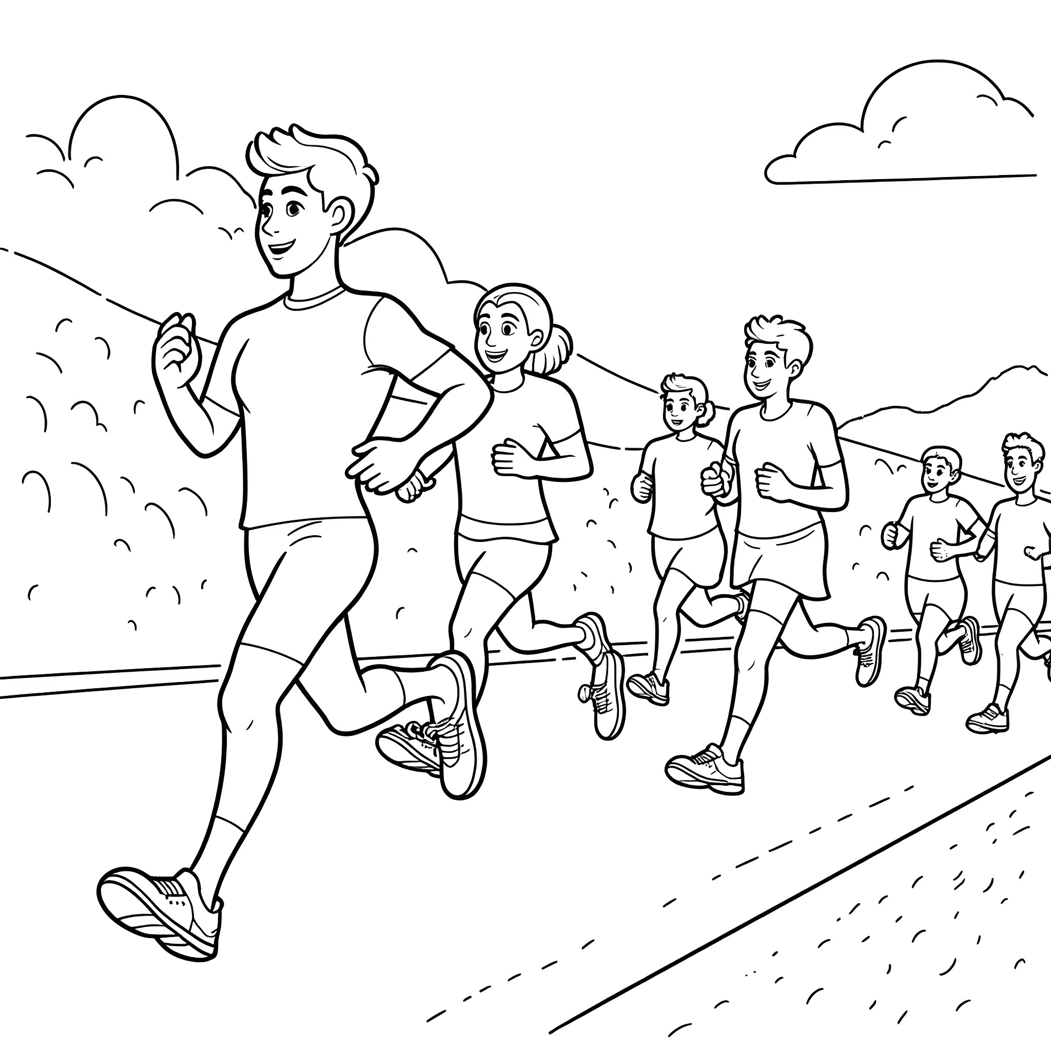Among Us Characters Participating in a Running Race Coloring Page (free black-and-white line drawing printable PDF for all, from beginners to advanced learners, including children, teens, adults, and seniors)