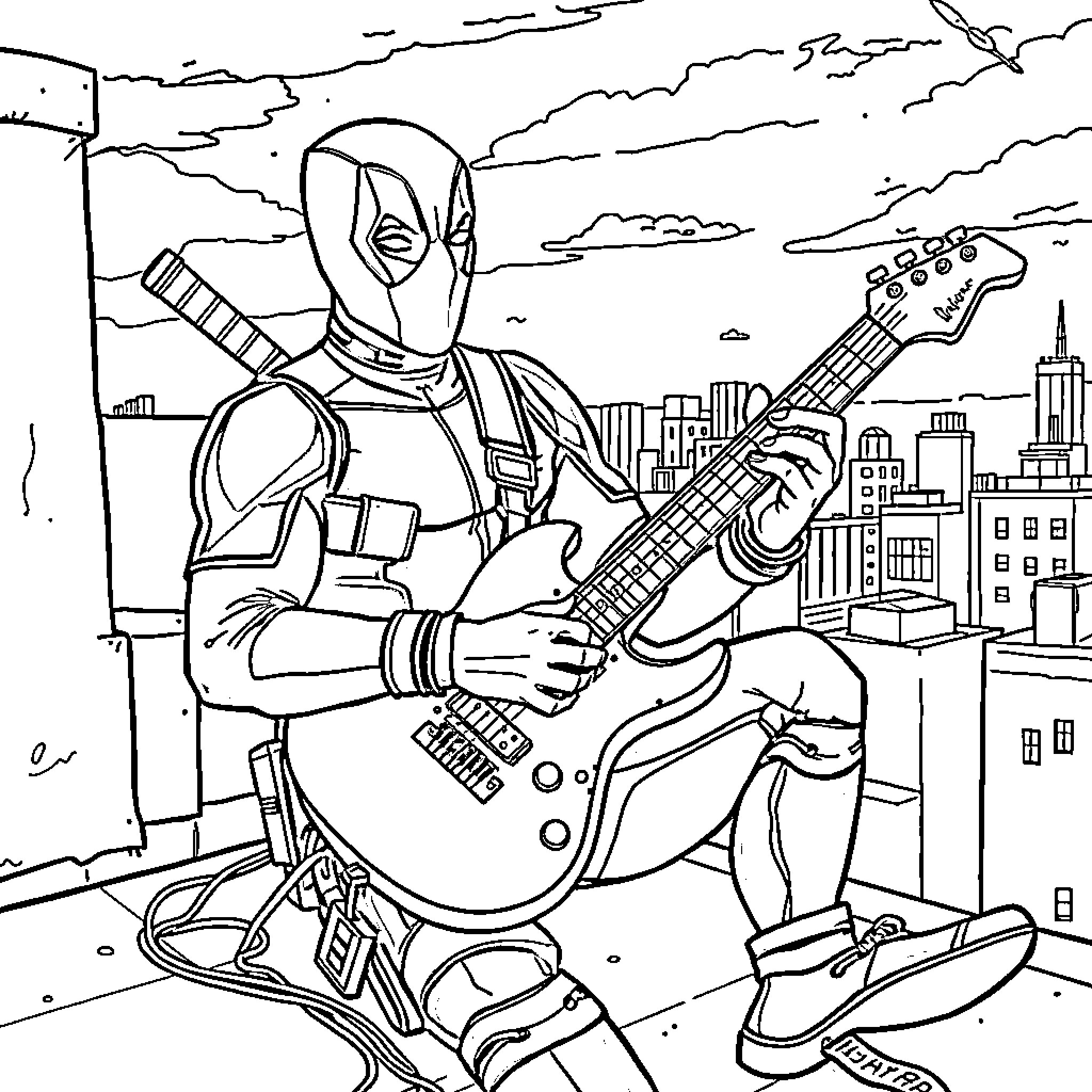Deadpool Playing Guitar in the City Coloring Page (free black-and-white line drawing printable PDF for all, from beginners to advanced learners, including children, teens, adults, and seniors)