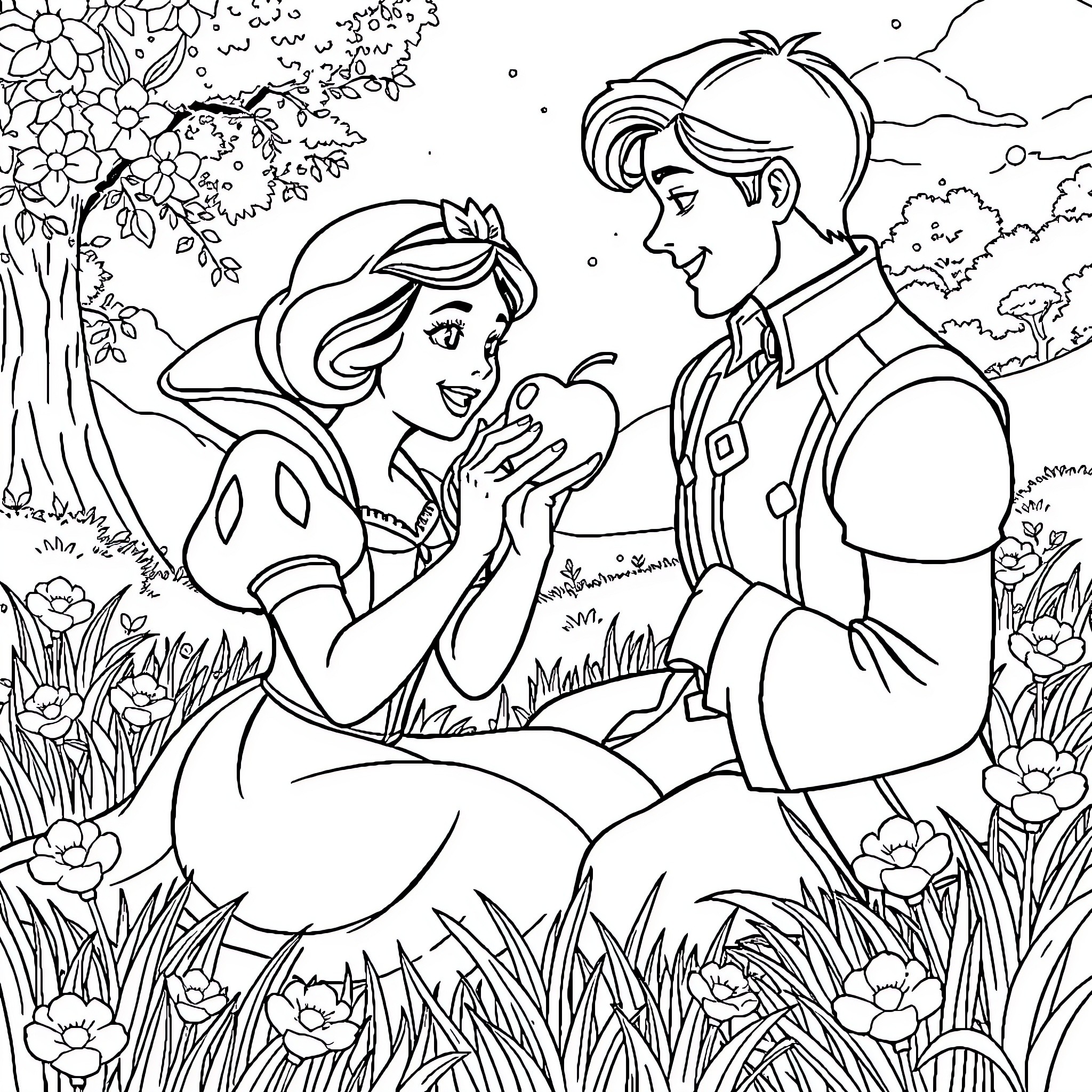 Snow White and Prince Charming enjoying a romantic moment in the garden Coloring Page (free black-and-white line drawing printable PDF for all, from beginners to advanced learners, including children, teens, adults, and seniors)