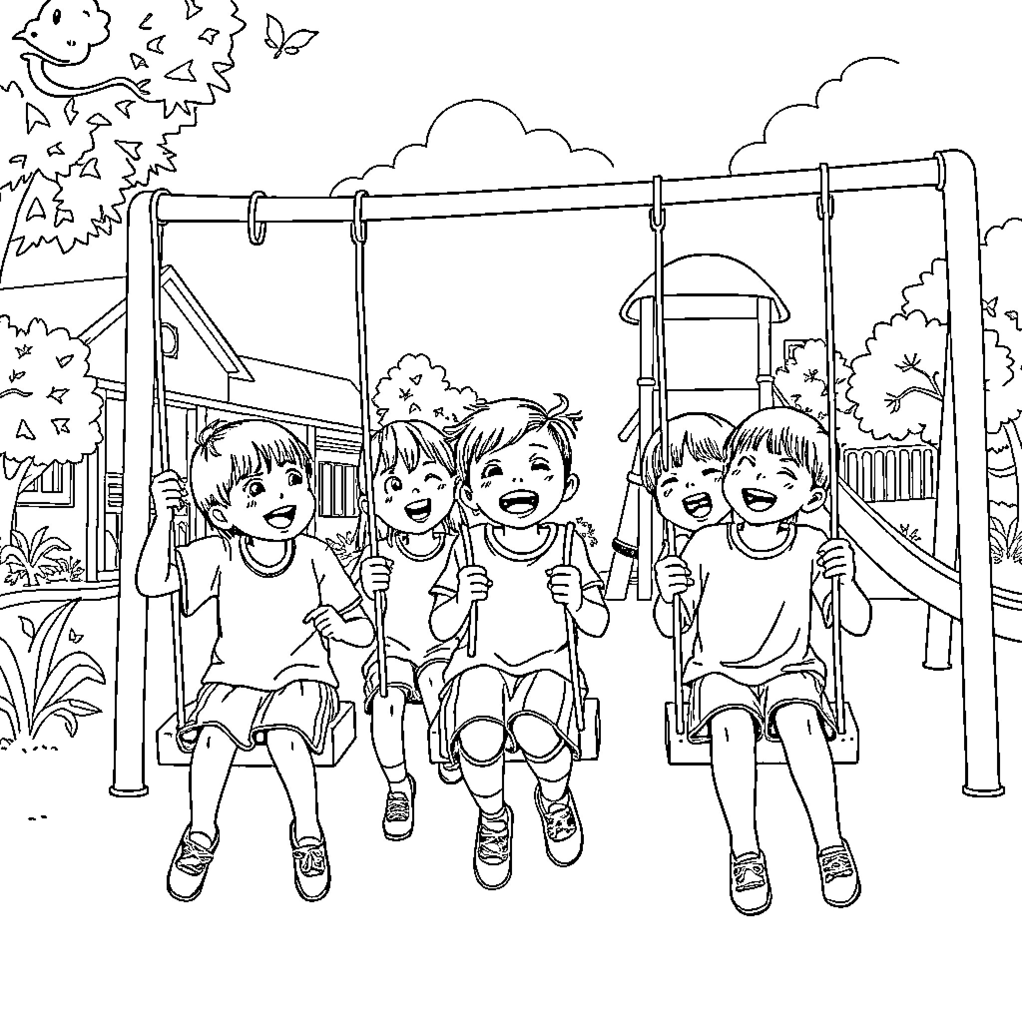 Students playing happily on the playground swings Coloring Page (free black-and-white line drawing printable PDF for all, from beginners to advanced learners, including children, teens, adults, and seniors)