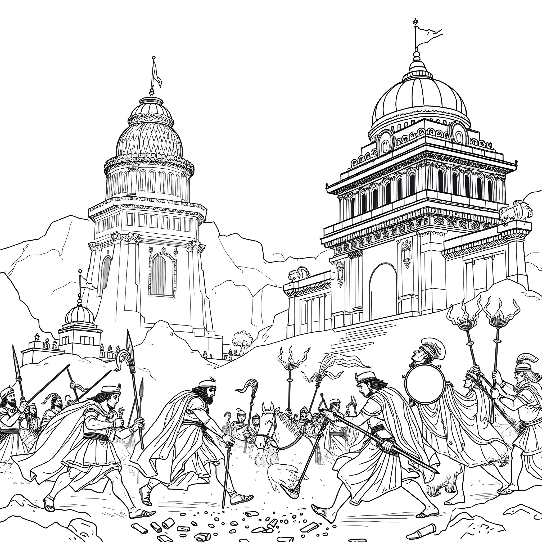 Garden scene with traditional architecture and festive celebration Coloring Page (free black-and-white line drawing printable PDF for all, from beginners to advanced learners, including children, teens, adults, and seniors)