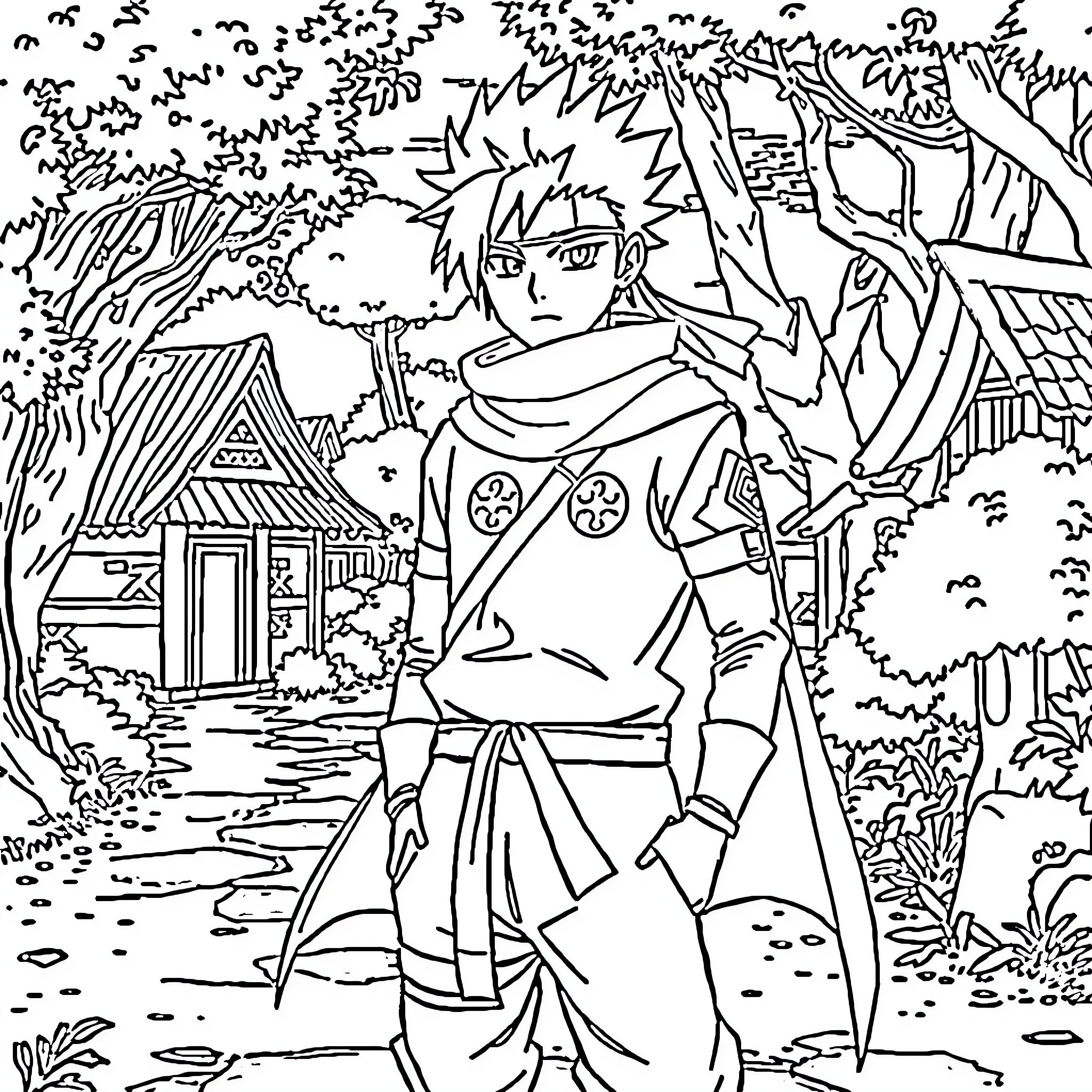 Minato's Journey Through the Enchanted Forest Coloring Page (free black-and-white line drawing printable PDF for all, from beginners to advanced learners, including children, teens, adults, and seniors)