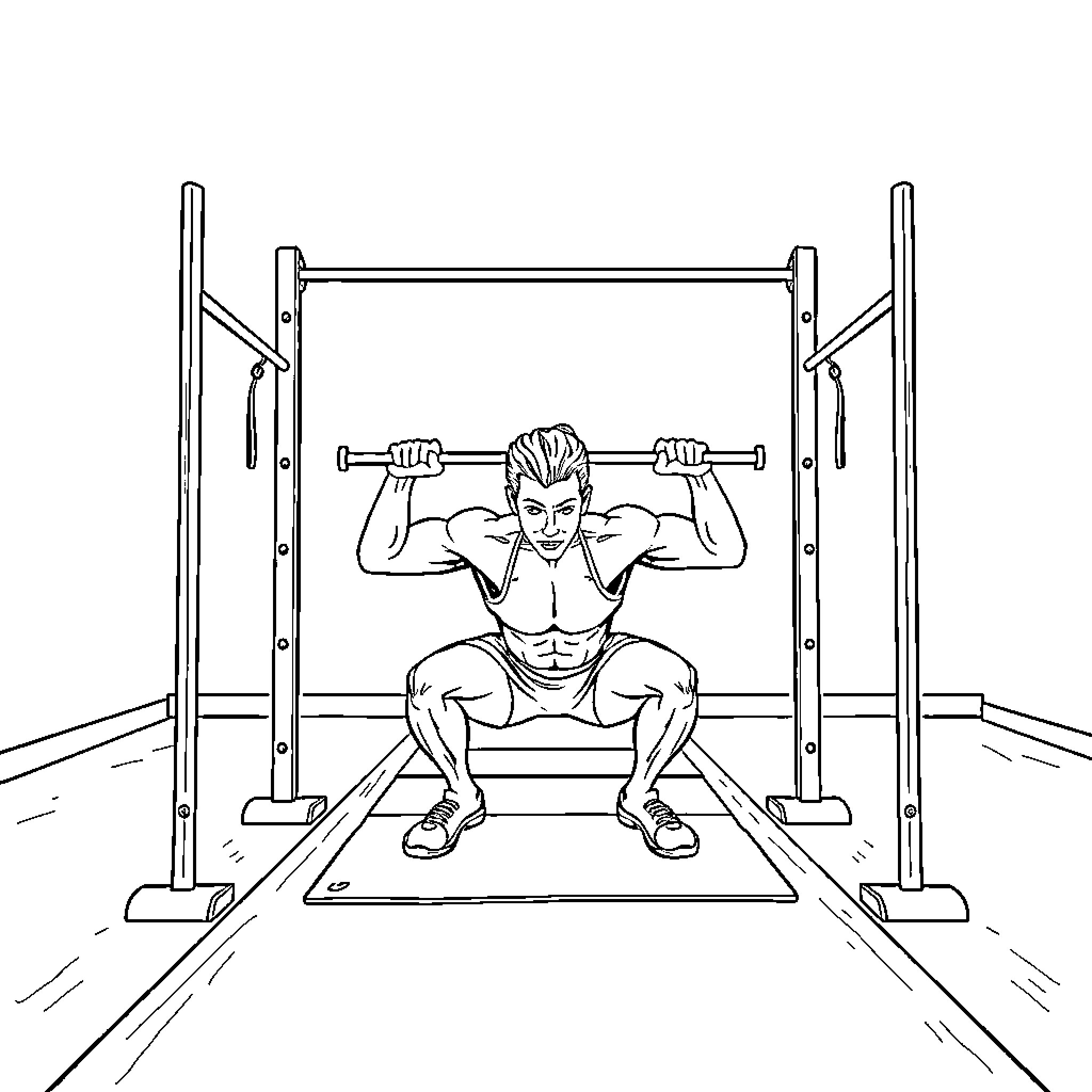 Squat Workout with Barbell on Rack Coloring Page (free black-and-white line drawing printable PDF for all, from beginners to advanced learners, including children, teens, adults, and seniors)