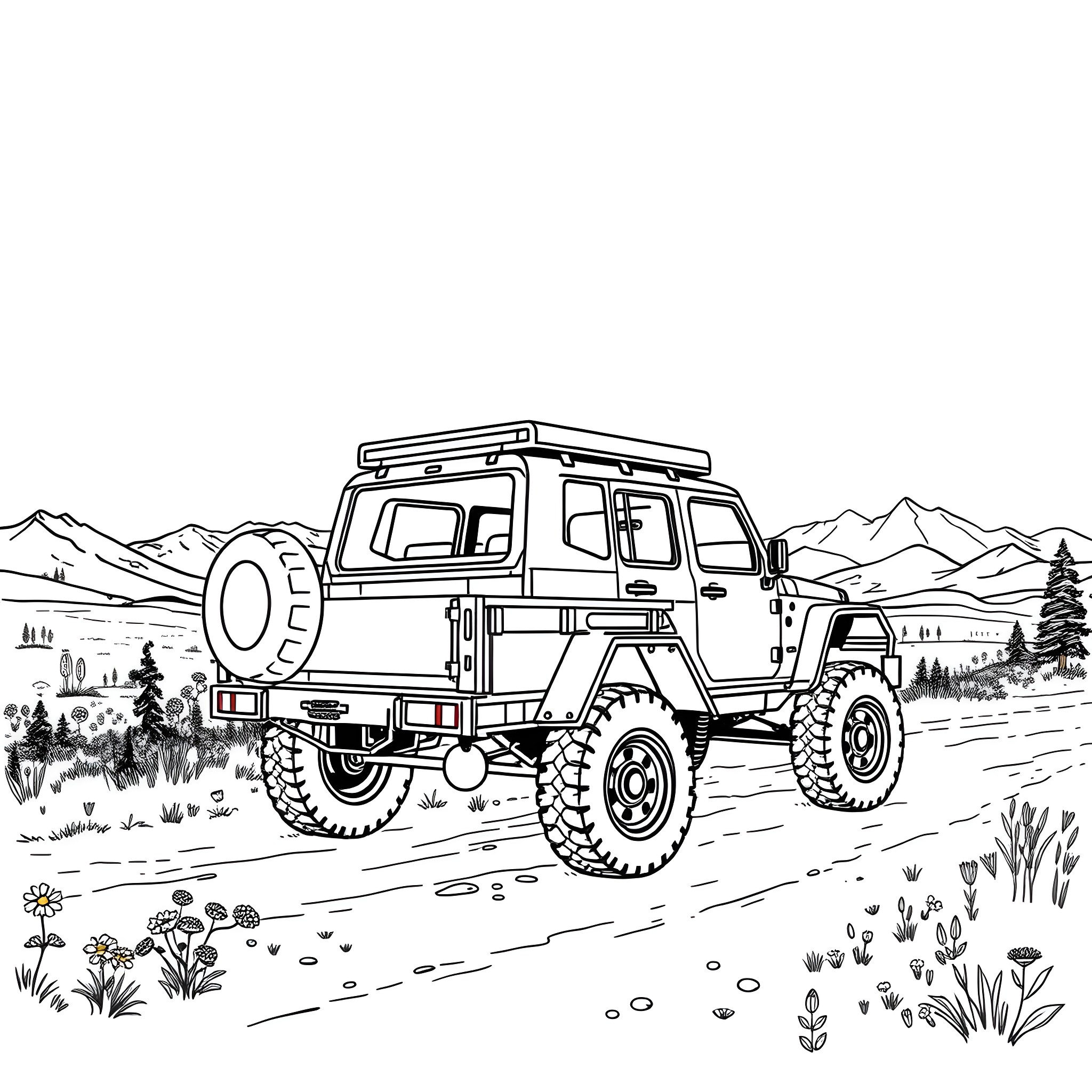 Car Trailer Traversing Rugged Terrain Coloring Page (free black-and-white line drawing printable PDF for all, from beginners to advanced learners, including children, teens, adults, and seniors)