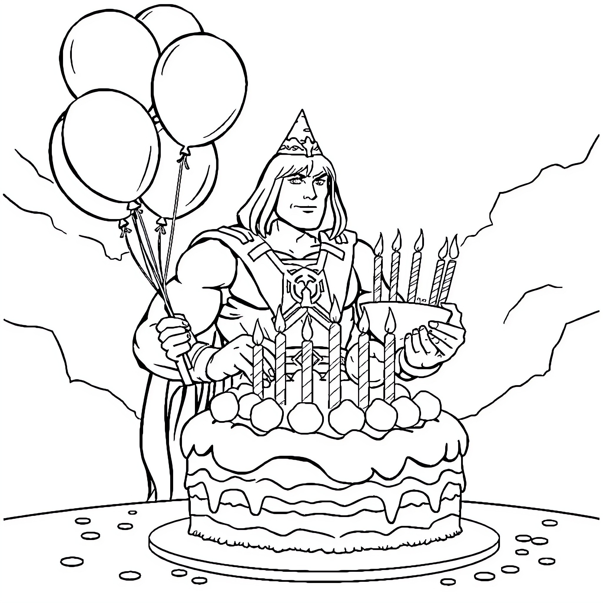 He-Man celebrating birthday with cake and balloons Coloring Page (free black-and-white line drawing printable PDF for all, from beginners to advanced learners, including children, teens, adults, and seniors)