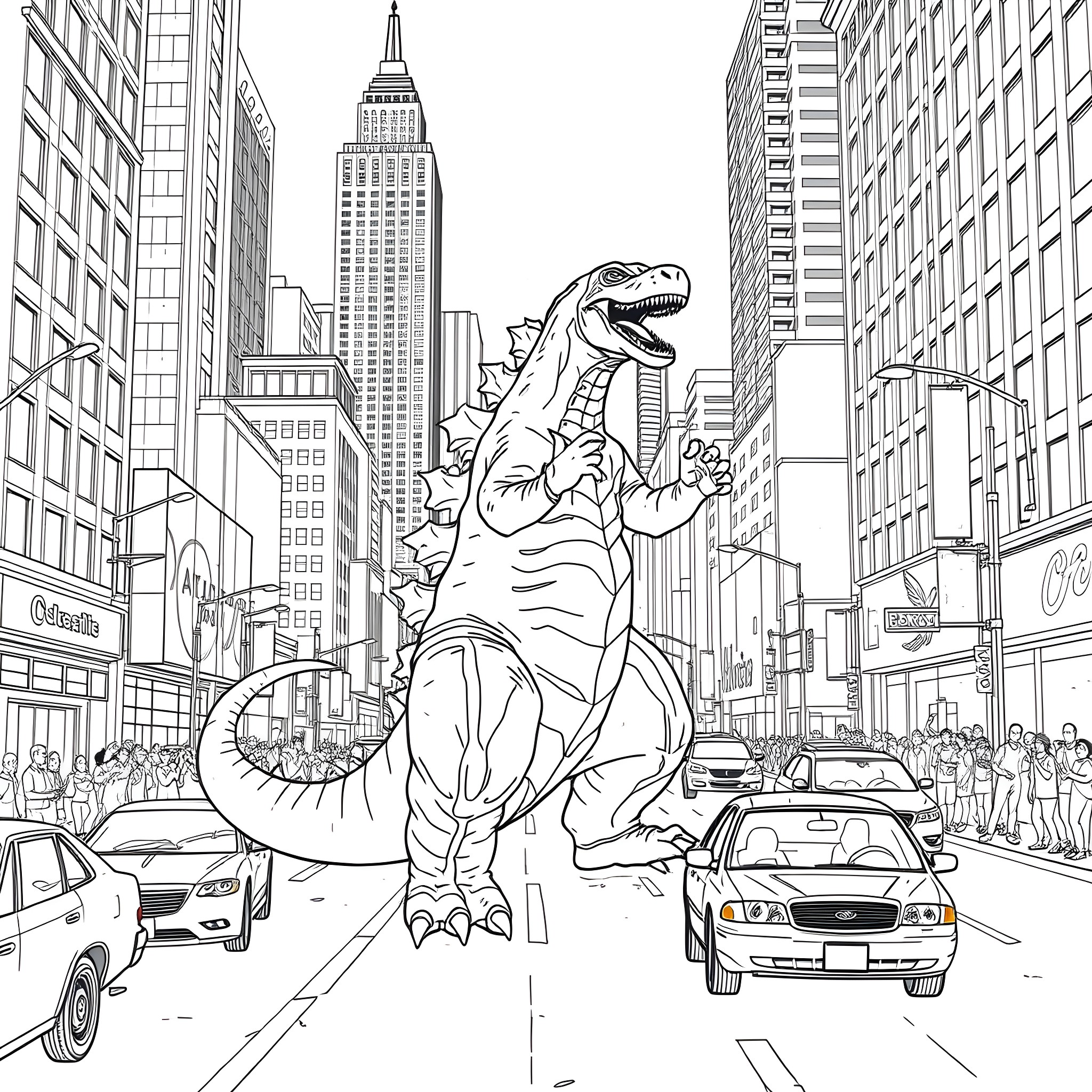 Godzilla rampaging through the bustling city streets Coloring Page (free black-and-white line drawing printable PDF for all, from beginners to advanced learners, including children, teens, adults, and seniors)